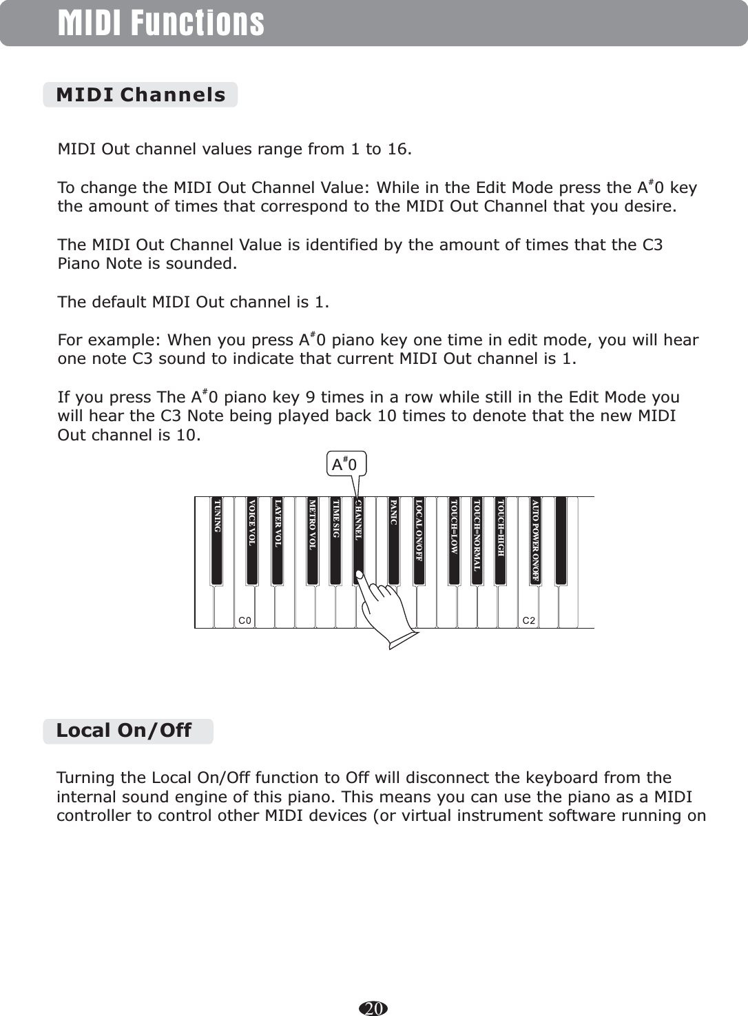 MIDI FunctionsMIDI Channels20Local On/OffTurning the Local On/Off function to Off will disconnect the keyboard from the internal sound engine of this piano. This means you can use the piano as a MIDI controller to control other MIDI devices (or virtual instrument software running on MIDI Out channel values range from 1 to 16.To change the MIDI Out Channel Value: While in the Edit Mode press the   key the amount of times that correspond to the MIDI Out Channel that you desire.The MIDI Out Channel Value is identified by the amount of times that the C3 Piano Note is sounded.The default MIDI Out channel is 1. For example: When you press   piano key one time in edit mode, you will hear one note C3 sound to indicate that current MIDI Out channel is 1.If you press The   piano key 9 times in a row while still in the Edit Mode you will hear the C3 Note being played back 10 times to denote that the new MIDI Out channel is 10.#A0#A0#A0TUNINGTOUCH=HIGHTOUCH=NORMALTOUCH=LOWLOCAL ON/OFFPANICCHANNELTIME SIGMETRO VOLLAYER VOLVOICE VOL#A0AUTO POWER ON/OFF