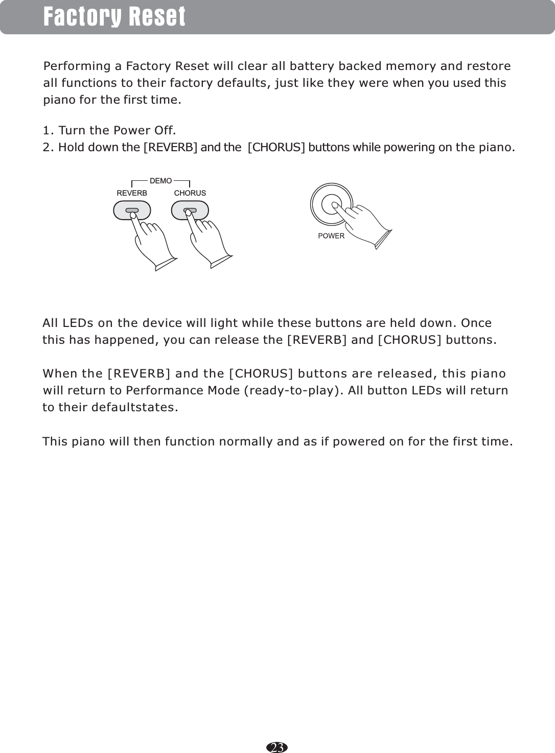 1. Turn the Power Off.2. Hold down the [REVERB] and the  [CHORUS] buttons while powering on the piano.All LEDs on the device will light while these buttons are held down. Once this has happened, you can release the [REVERB] and [CHORUS] buttons.When the [REVERB] and the [CHORUS] buttons are released, this piano will return to Performance Mode (ready-to-play). All button LEDs will returnto their defaultstates. This piano will then function normally and as if powered on for the first time.Performing a Factory Reset will clear all battery backed memory and restore all functions to their factory defaults, just like they were when you used this piano for the first time.REVERB CHORUSDEMOFactory Reset23