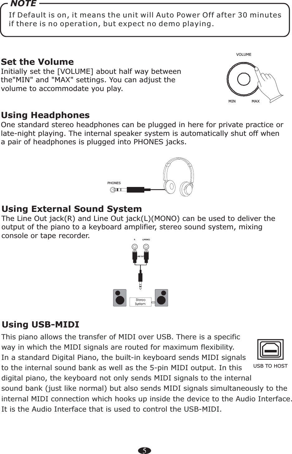 5Set the VolumeInitially set the [VOLUME] about half way between the&quot;MIN&quot; and &quot;MAX&quot; settings. You can adjust the volume to accommodate you play.Using HeadphonesOne standard stereo headphones can be plugged in here for private practice or late-night playing. The internal speaker system is automatically shut off when a pair of headphones is plugged into PHONES jacks.PHONES NOTEIf Default is on, it means the unit will Auto Power Off after 30 minutes if there is no operation, but expect no demo playing.VOLUMEMIN MAXRL(MONO)Using External Sound SystemThe Line Out jack(R) and   can be used to deliver the output of the piano to a keyboard amplifier, stereo sound system, mixing console or tape recorder.Line Out jack(L)(MONO)LINE OUTUsing USB-MIDIThis piano allows the transfer of MIDI over USB. There is a specific way in which the MIDI signals are routed for maximum flexibility. In a standard Digital Piano, the built-in keyboard sends MIDI signals to the internal sound bank as well as the 5-pin MIDI output. In this digital piano, the keyboard not only sends MIDI signals to the internal sound bank (just like normal) but also sends MIDI signals simultaneously to theinternal MIDI connection which hooks up inside the device to the Audio Interface. It is the Audio Interface that is used to control the USB-MIDI.USB TO HOST 