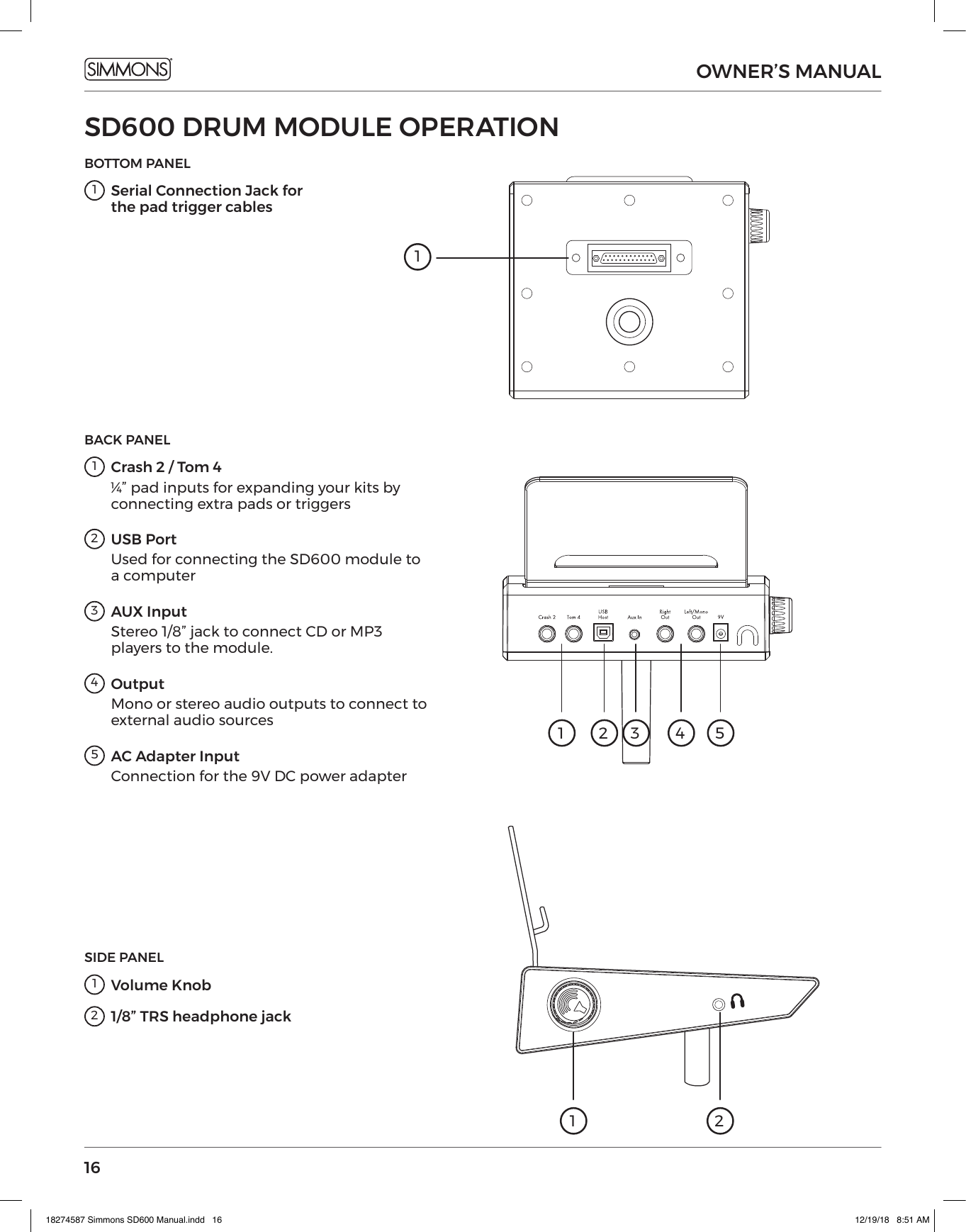 16OWNER’S MANUALSD600 DRUM MODULE OPERATIONBOTTOM PANEL1 Serial Connection Jack for the pad trigger cablesBACK PANEL1 Crash 2 / Tom 4¼” pad inputs for expanding your kits by connecting extra pads or triggers2 USB PortUsed for connecting the SD600 module to a computer3 AUX InputStereo 1/8” jack to connect CD or MP3 players to the module.4 OutputMono or stereo audio outputs to connect to external audio sources5 AC Adapter InputConnection for the 9V DC power adapterSIDE PANEL1 Volume Knob2 1/8” TRS headphone jack12 3 4 511 218274587 Simmons SD600 Manual.indd   16 12/19/18   8:51 AM