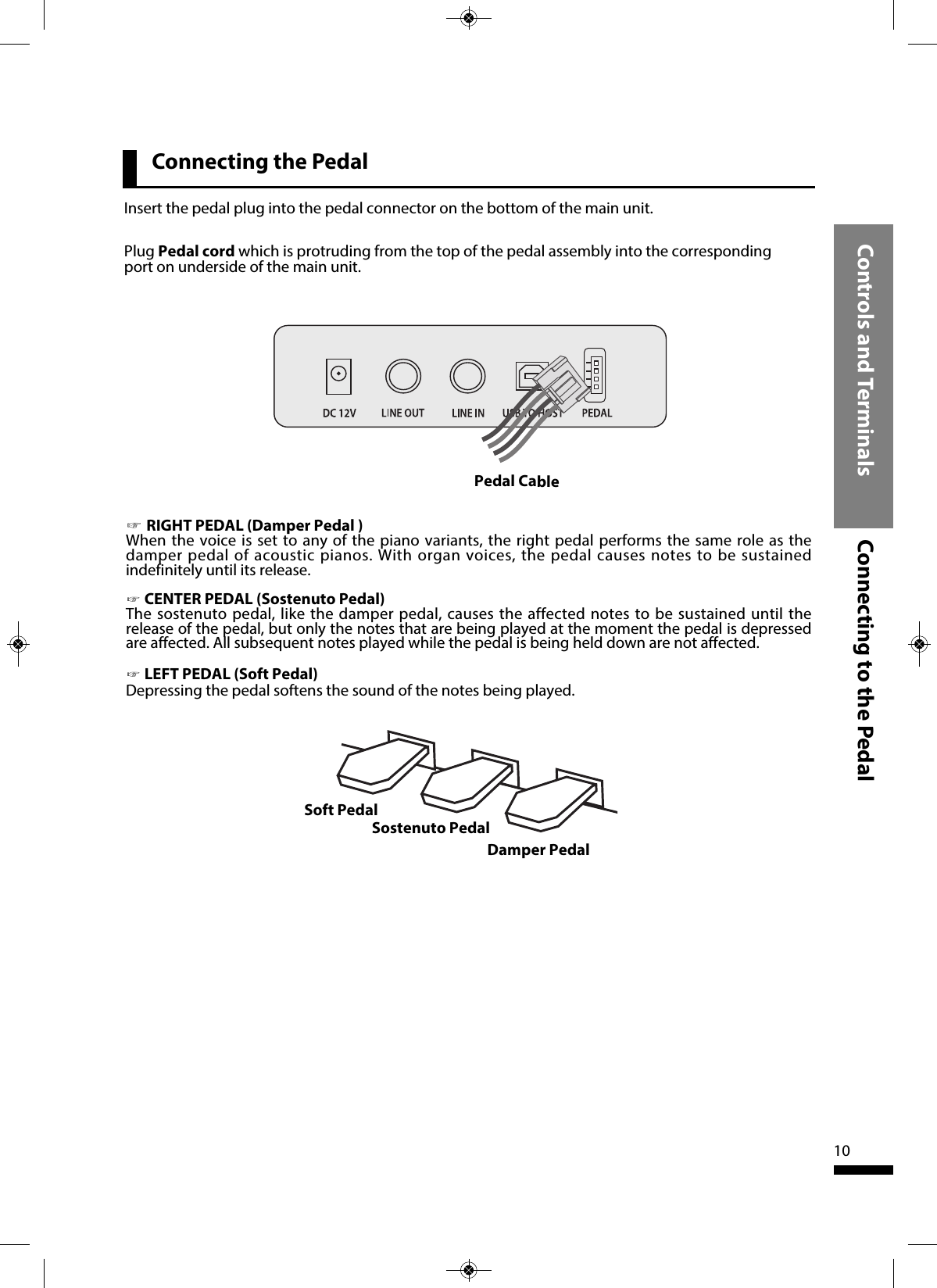 Controls and Terminals Connecting to the Pedal10Connecting the Pedal☞RIGHT PEDAL (Damper Pedal )When the voice is set to any of the piano variants, the right pedal performs the same role as thedamper pedal of acoustic pianos. With organ voices, the pedal causes notes to be sustainedindefinitely until its release. ☞CENTER PEDAL (Sostenuto Pedal)The sostenuto pedal, like the damper pedal, causes the affected notes to be sustained until therelease of the pedal, but only the notes that are being played at the moment the pedal is depressedare affected. All subsequent notes played while the pedal is being held down are not affected.☞LEFT PEDAL (Soft Pedal)Depressing the pedal softens the sound of the notes being played.Damper PedalSostenuto PedalSoft PedalPedal CablePlug Pedal cord which is protruding from the top of the pedal assembly into the correspondingport on underside of the main unit.Insert the pedal plug into the pedal connector on the bottom of the main unit.