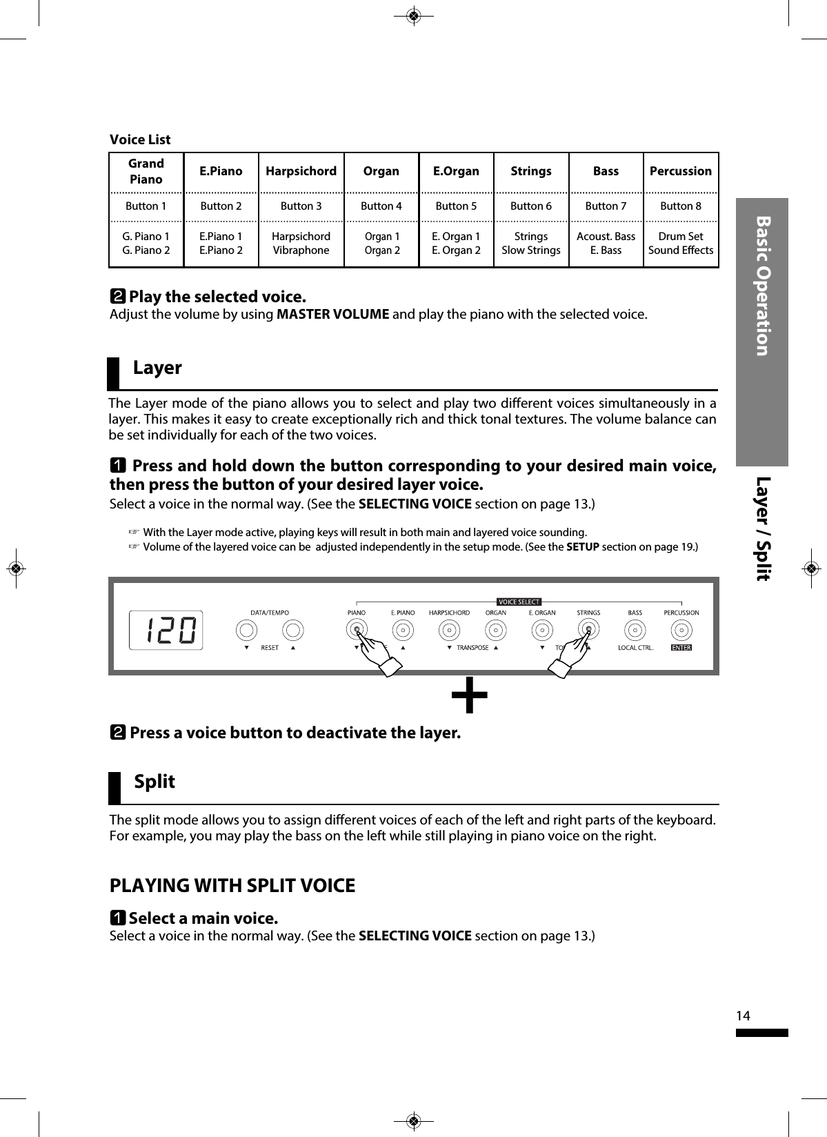 Basic Operation Layer / Split14Voice ListwPlay the selected voice.Adjust the volume by using MASTER VOLUME and play the piano with the selected voice.GrandPiano E.Piano Harpsichord Organ E.Organ Strings Bass PercussionButton 1 Button 2 Button 3 Button 4 Button 5 Button 6 Button 7 Button 8G. Piano 1G. Piano 2E.Piano 1E.Piano 2HarpsichordVibraphoneOrgan1Organ2E. Organ 1E. Organ 2StringsSlow StringsAcoust. BassE. BassDrum SetSound EffectsLayerThe Layer mode of the piano allows you to select and play two different voices simultaneously in alayer. This makes it easy to create exceptionally rich and thick tonal textures. The volume balance canbe set individually for each of the two voices.qPress and hold down the button corresponding to your desired main voice,then press the button of your desired layer voice.Select a voice in the normal way. (See the SELECTING VOICE section on page 13.)☞With the Layer mode active, playing keys will result in both main and layered voice sounding.☞Volume of the layered voice can be  adjusted independently in the setup mode. (See the SETUP section on page 19.)SplitThe split mode allows you to assign different voices of each of the left and right parts of the keyboard.For example, you may play the bass on the left while still playing in piano voice on the right.PLAYING WITH SPLIT VOICEqSelect a main voice.Select a voice in the normal way. (See the SELECTING VOICE section on page 13.)+w  Press a voice button to deactivate the layer.