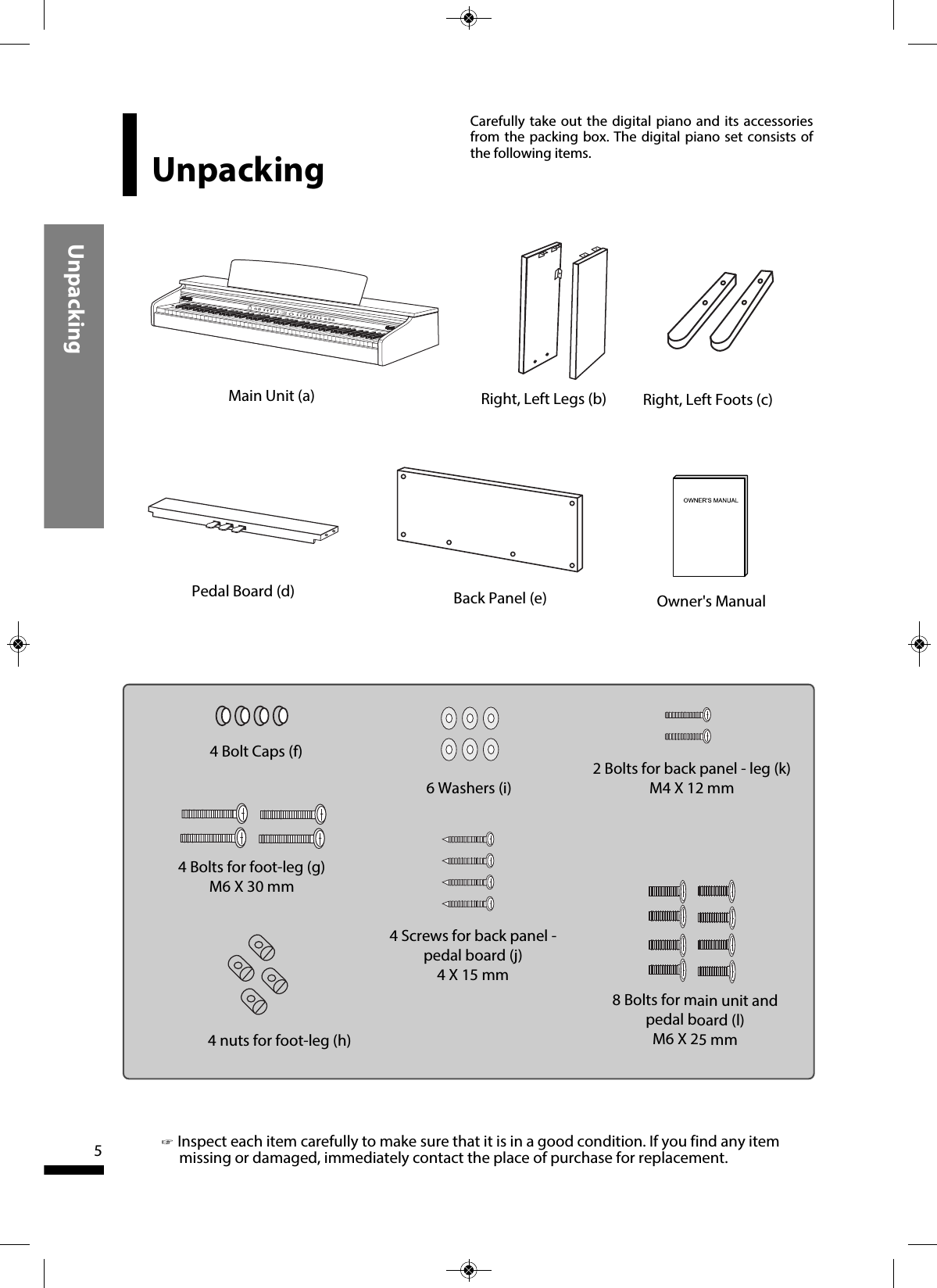 UnpackingCarefully take out the digital piano and its accessoriesfrom the packing box. The digital piano set consists ofthe following items.Unpacking5Owner&apos;s ManualBack Panel (e)4 Bolt Caps (f)6 Washers (i)4 Screws for back panel -pedal board (j)4 X 15 mm8 Bolts for main unit andpedal board (l)M6 X 25 mm2 Bolts for back panel - leg (k)M4 X 12 mm4 Bolts for foot-leg (g)M6 X 30 mm4 nuts for foot-leg (h)Main Unit (a)  Right, Left Legs (b) Pedal Board (d)  ☞Inspect each item carefully to make sure that it is in a good condition. If you find any itemmissing or damaged, immediately contact the place of purchase for replacement.Right, Left Foots (c)