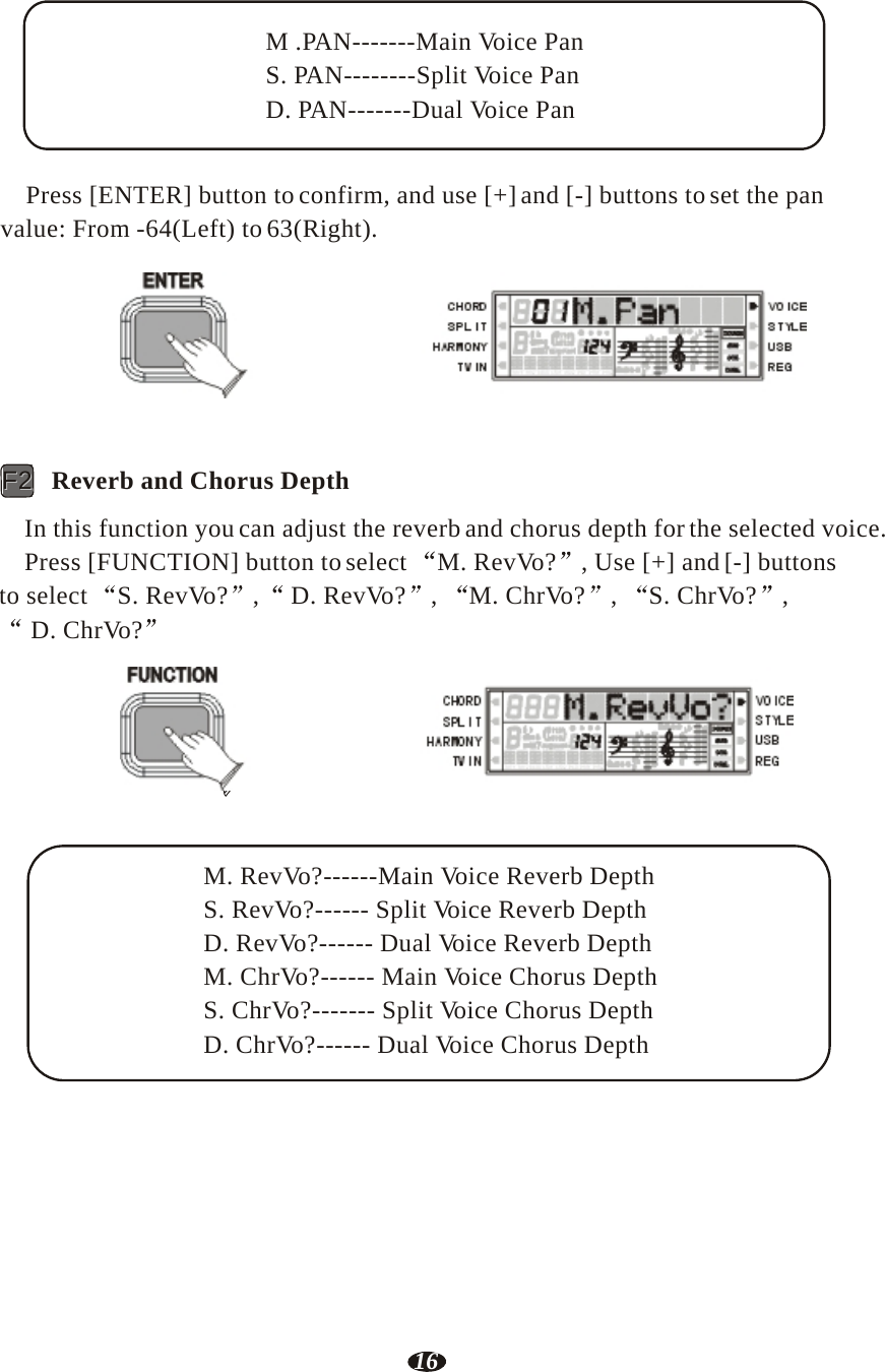 16    M .PAN-------Main Voice Pan S. PAN--------Split Voice Pan D. PAN-------Dual Voice Pan    Press [ENTER] button to confirm, and use [+] and [-] buttons to set the pan value: From -64(Left) to 63(Right).  ENTER    RHY1   RHY2   BASS   CRD1   CRD2    PAD    PHR1   PHR2     FF22   Reverb and Chorus Depth  In this function you can adjust the reverb and chorus depth for the selected voice. Press [FUNCTION] button to select  M. RevVo?  , Use [+] and [-] buttons to select  S. RevVo?  ,  D. RevVo?  ,  M. ChrVo?  ,  S. ChrVo?  , D. ChrVo?  FUNCTION    RHY1   RHY2   BASS   CRD1   CRD2    PAD    PHR1   PHR2     M. RevVo?------Main Voice Reverb Depth S. RevVo?------ Split Voice Reverb Depth D. RevVo?------ Dual Voice Reverb Depth M. ChrVo?------ Main Voice Chorus Depth S. ChrVo?------- Split Voice Chorus Depth D. ChrVo?------ Dual Voice Chorus Depth 