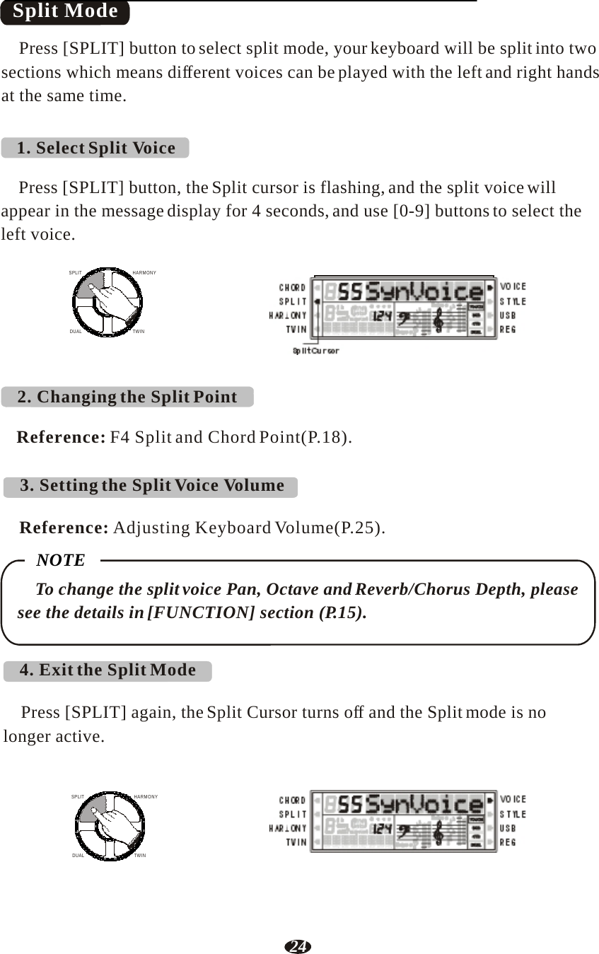 24    Split Mode  Press [SPLIT] button to select split mode, your keyboard will be split into two sections which means different voices can be played with the left and right hands at the same time.   1. Select Split Voice  Press [SPLIT] button, the Split cursor is flashing, and the split voice will appear in the message display for 4 seconds, and use [0-9] buttons to select the left voice.  SPLIT  HARMONY    DUAL  TWIN RHY1   RHY2   BASS   CRD1   CRD2    PAD    PHR1   PHR2  Split Cursor   2. Changing the Split Point  Reference: F4 Split and Chord Point(P.18).   3. Setting the Split Voice Volume  Reference: Adjusting Keyboard Volume(P.25).  NOTE To change the split voice Pan, Octave and Reverb/Chorus Depth, please see the details in [FUNCTION] section (P.15).   4. Exit the Split Mode  Press [SPLIT] again, the Split Cursor turns off and the Split mode is no longer active.    SPLIT  HARMONY    RHY1   RHY2   BASS   CRD1   CRD2    PAD    PHR1   PHR2  DUAL  TWIN 