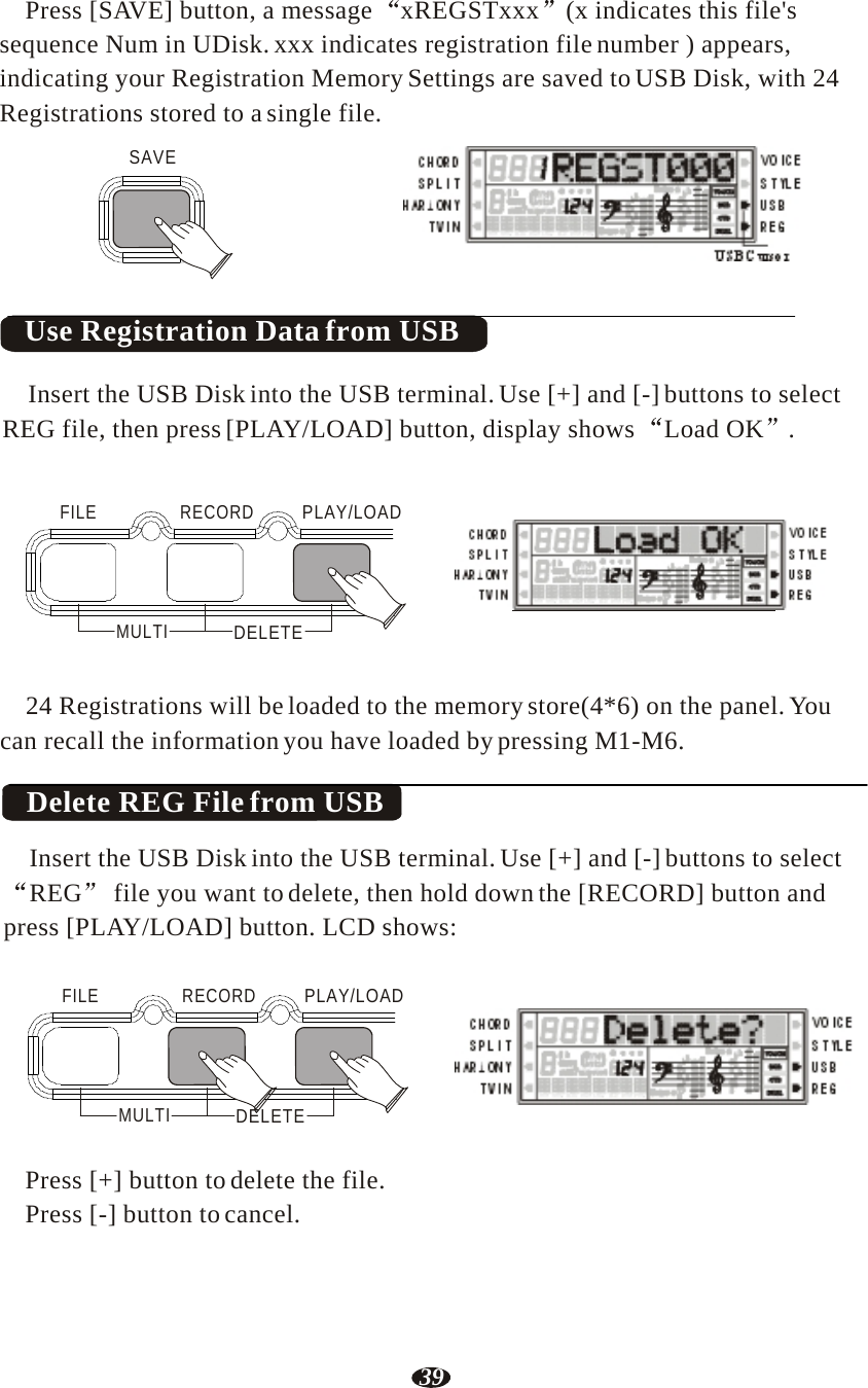 39  Press [SAVE] button, a message  xREGSTxxx  (x indicates this file&apos;s sequence Num in UDisk. xxx indicates registration file number ) appears, indicating your Registration Memory Settings are saved to USB Disk, with 24 Registrations stored to a single file.  SAVE   RHY1   RHY2   BASS   CRD1   CRD2    PAD    PHR1   PHR2  USB Cursor    Use Registration Data from USB  Insert the USB Disk into the USB terminal. Use [+] and [-] buttons to select REG file, then press [PLAY/LOAD] button, display shows  Load OK  .   FILE   RECORD   PLAY/LOAD     MULTI  DELETE RHY1   RHY2   BASS   CRD1   CRD2    PAD    PHR1   PHR2   24 Registrations will be loaded to the memory store(4*6) on the panel. You can recall the information you have loaded by pressing M1-M6.  Delete REG File from USB  Insert the USB Disk into the USB terminal. Use [+] and [-] buttons to select REG  file you want to delete, then hold down the [RECORD] button and press [PLAY/LOAD] button. LCD shows:   FILE   RECORD  PLAY/LOAD     MULTI  DELETE RHY1   RHY2   BASS   CRD1   CRD2    PAD    PHR1   PHR2   Press [+] button to delete the file. Press [-] button to cancel. 