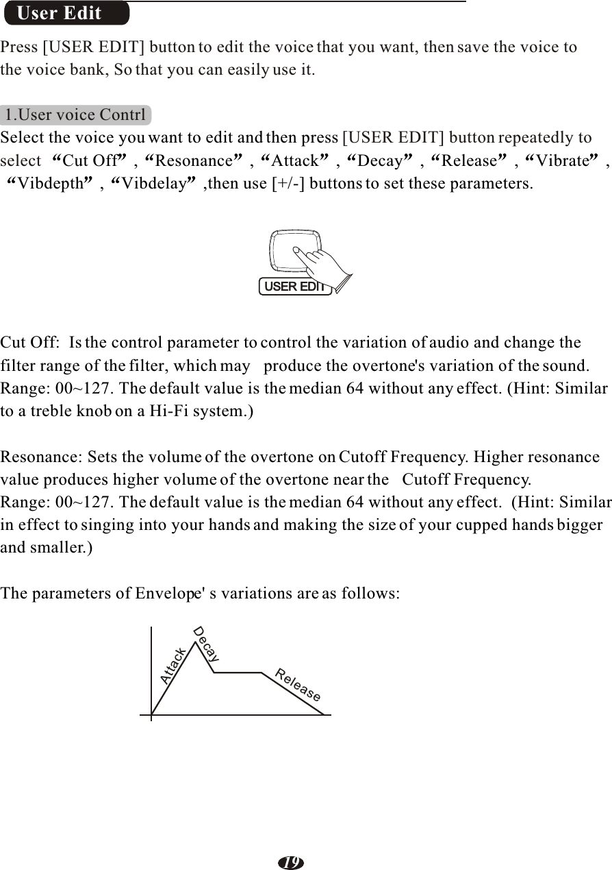 User EditPress [USER EDIT] button to edit the voice that you want, then save the voice tothe voice bank, So that you can easily use it. 1.User voice Contrl[USER EDIT] button repeatedly toselectSelect the voice you want to edit and then press Cut Off , Resonance , Attack , Decay , Release , Vibrate ,Vibdepth , Vibdelay ,then use [+/-] buttons to set these parameters.Cut Off:  Is the control parameter to control the variation of audio and change thefilter range of the filter, which may   produce the overtone&apos;s variation of the sound. Range: 00~127. The default value is the median 64 without any effect. (Hint: Similarto a treble knob on a Hi-Fi system.)Resonance: Sets the volume of the overtone on Cutoff Frequency. Higher resonance value produces higher volume of the overtone near the   Cutoff Frequency.Range: 00~127. The default value is the median 64 without any effect.  (Hint: Similarin effect to singing into your hands and making the size of your cupped hands bigger and smaller.)The parameters of Envelope&apos; s variations are as follows: AttackDecayReleaseUSER EDIT19