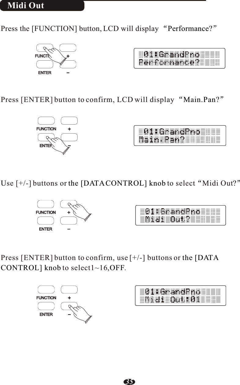 Midi OutPress [ENTER] button to confirm, LCD will displayse [+/-] buttons or to select Midi OutPress [ENTER] button to confirm, use [+/-] buttons or to select1~16 .Main.Pan?U the [DATA CONTROL] knob ?the [DATACONTROL] knob ,OFFPress the [FUNCTION] button, LCD will display  Performance?FUNCTIONFUNCTIONENTERENTER+-FUNCTIONFUNCTIONENTER+-FUNCTIONENTER+-FUNCTIONENTER+-35