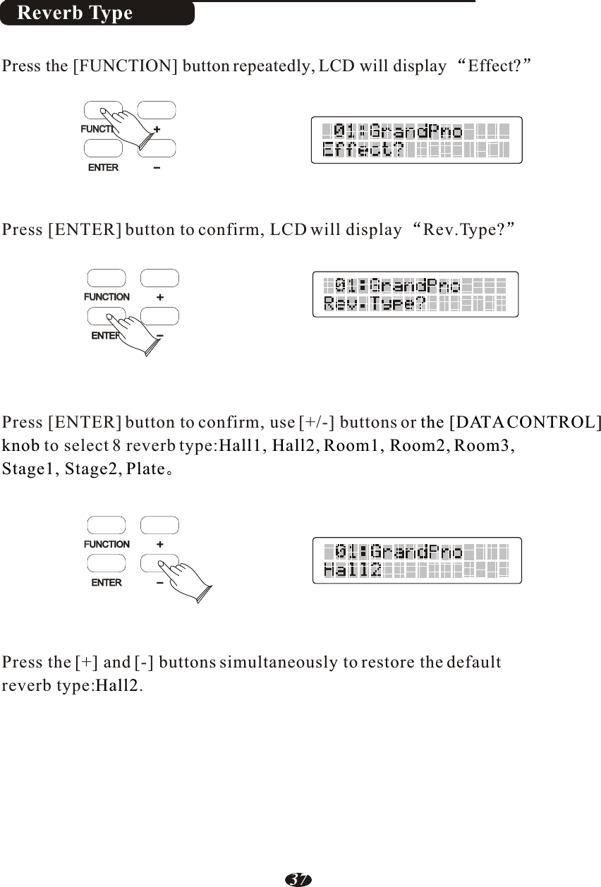 Reverb TypePress the [+] and [-] buttons simultaneously to restore the default Press [ENTER] button to confirm, LCD will display Rev.TypePress [ENTER] button to confirm, use [+/-] buttons or to select 8 reverb type:reverb type: .?the [DATA CONTROL] knob Hall1, Hall2, Room1, Room2, Room3, Stage1, Stage2, PlateHall2Press the [FUNCTION] button repeatedly, LCD will display  Effect?FUNCTIONFUNCTIONENTERENTER+-FUNCTIONFUNCTIONENTER+-FUNCTIONENTER+-37