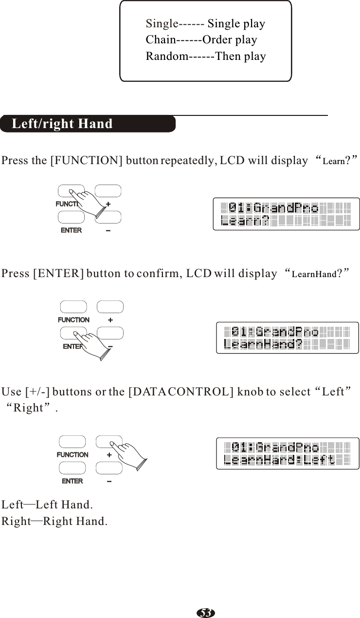 Single------ Single playChain------Order playRandom------Then playLeft/right HandPress [ENTER] button to confirm, LCD will display ?Use [+/-] buttons or the [DATA CONTROL] knob to select LeftRight .Left Left Hand.Right Right Hand.LearnHandPress the [FUNCTION] button repeatedly, LCD will display  Learn?FUNCTIONFUNCTIONENTERENTER+-FUNCTIONFUNCTIONENTER+-FUNCTIONFUNCTIONENTERENTER+-53