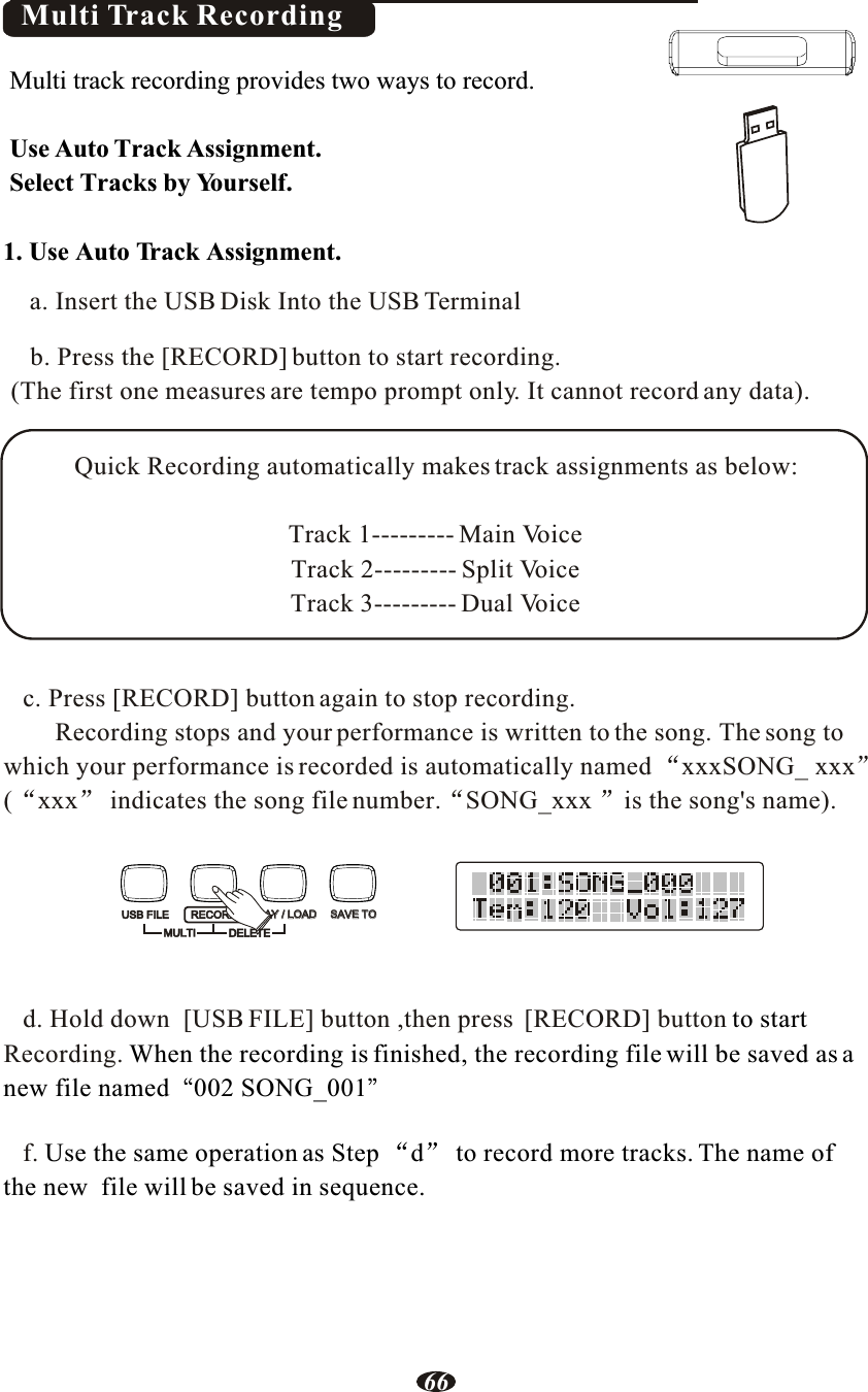 Multi Track Recordinga. Insert the USB Disk Into the USB Terminal    b. Press the [RECORD] button to start recording. (The first one measures are tempo prompt only. It cannot record any data).    c. Press [RECORD] button again to stop recording.        Recording stops and your performance is written to the song. The song to which your performance is recorded is automatically named xxxSONG_ xxx( xxx  indicates the song file number. SONG_xxx is the song&apos;s name).   d. Hold down  [USB FILE] button ,then press  [RECORD] button Recording.   f. to start When the recording is finished, the recording file will be saved as anew file named 002 SONG_001Use the same operation as Step  d  to record more tracks. The name ofthe new  file will be saved in sequence.        Multi track recording provides two ways to record.Use Auto Track Assignment.Select Tracks by Yourself.       1. Use Auto Track Assignment.Quick Recording automatically makes track assignments as below:Track 1--------- Main VoiceTrack 2--------- Split VoiceTrack 3--------- Dual Voice66USB FILE RECORDMULTIPLAY / LOADPLAY / LOADSAVE TOSAVE TODELETE