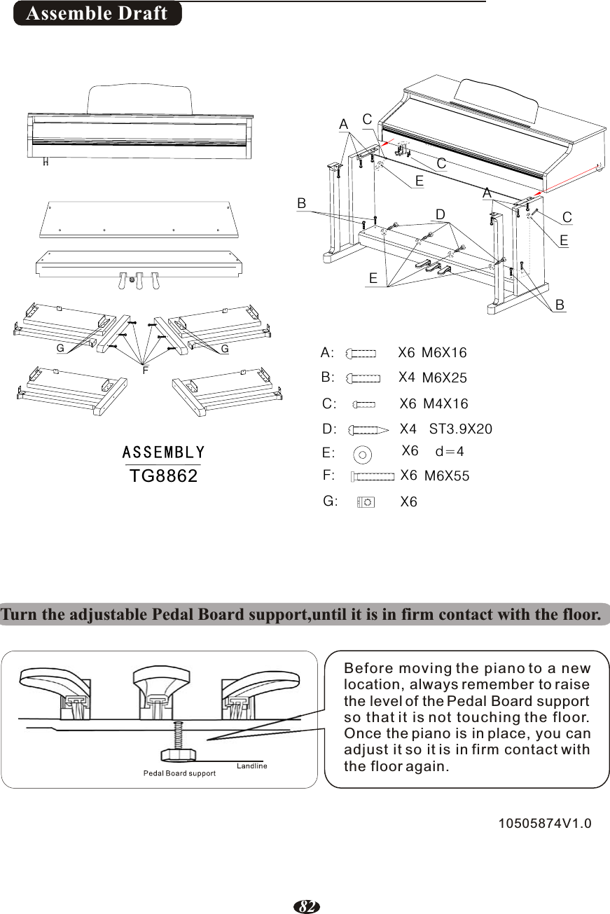 82Assemble Draft10505874V1.0Before moving the piano to a newlocation, always remember to raise the level of the Pedal Board support so that it is not touching the floor.Once the piano is in place, you can adjust it so it is in firm contact with the floor again.Turn the adjustable Pedal Board support,until it is in firm contact with the floor.CTG8862CCEEBBEDGGFAAd=4E: X6X4X6X6X4 M6X25M6X16M4X16ST3.9X20D:C:A:B:G: X6F: M6X55X6