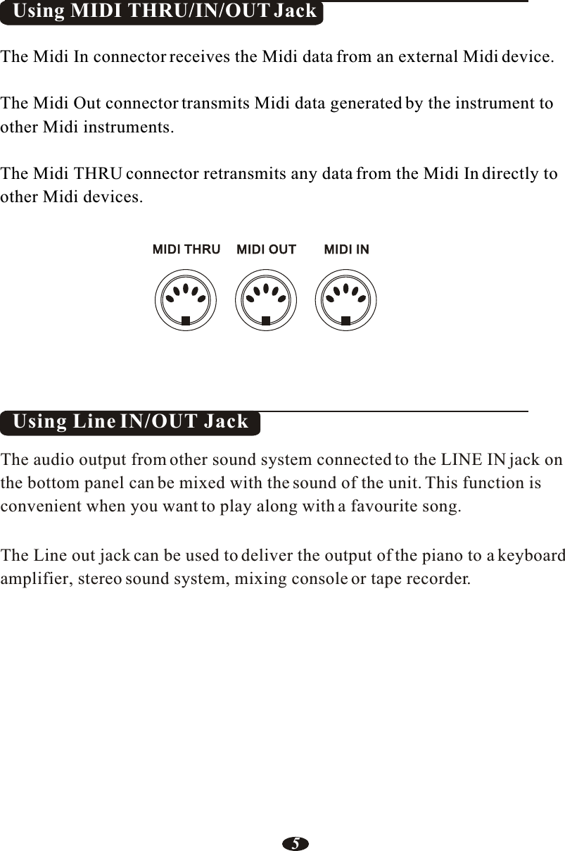 Using MIDI THRU/IN/OUT JackThe Midi In connector receives the Midi data from an external Midi device. The Midi Out connector transmits Midi data generated by the instrument toother Midi instruments.The Midi THRU connector retransmits any data from the Midi In directly to other Midi devices.Using Line IN/OUT JackThe audio output from other sound system connected to the LINE IN jack on the bottom panel can be mixed with the sound of the unit. This function isconvenient when you want to play along with a favourite song.The Line out jack can be used to deliver the output of the piano to a keyboard amplifier, stereo sound system, mixing console or tape recorder.MIDI INMIDI OUTMIDI THRU5