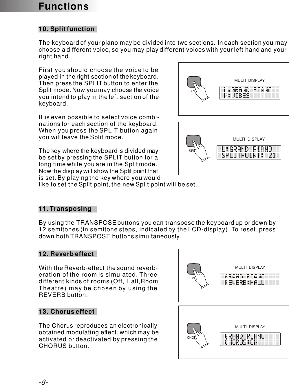 10. Split functionThe keyboard of your piano may be divided into two sections. In each section you may choose a different voice, so you may play different voices with your left hand and your right hand.First you should choose the voice to be played in the right section of the keyboard. Then press the SPLIT button to enter the Split mode. Now you may choose the voice you intend to play in the left section of the keyboard.It is even possible to select voice combi-nations for each section of the keyboard. When you press the SPLIT button again you will leave the Split mode.The key where the keyboard is divided may be set by pressing the SPLIT button for a long time while you are in the Split mode. Now the display will show the Split point that is set. By playing the key where you would like to set the Split point, the new Split point will be set.11. TransposingBy using the TRANSPOSE buttons you can transpose the keyboard up or down by 12 semitones (in semitone steps, indicated by the LCD-display). To reset, press down both TRANSPOSE buttons simultaneously.12. Reverb effectWith the Reverb-effect the sound reverb-eration of the room is simulated. Three different kinds of rooms (Off, Hall,Room Theatre) may be chosen by using the REVERB button.13. Chorus effectThe Chorus reproduces an electronically obtained modulating effect, which may be activated or deactivated by pressing the CHORUS button.SPLITMULTI  DISPLAY SPLITMULTI  DISPLAY CHORUSMULTI  DISPLAY MULTI  DISPLAY REVERB-8-Functions