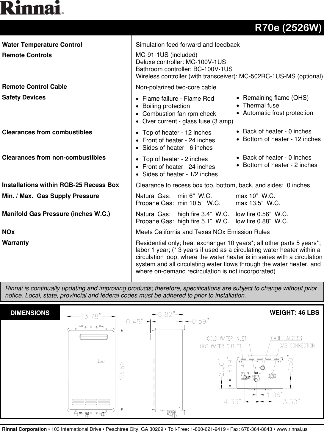 Page 2 of 2 - Rinnai Rinnai-Reu-V2526W-Us-Users-Manual- 2526W Specification  Rinnai-reu-v2526w-us-users-manual