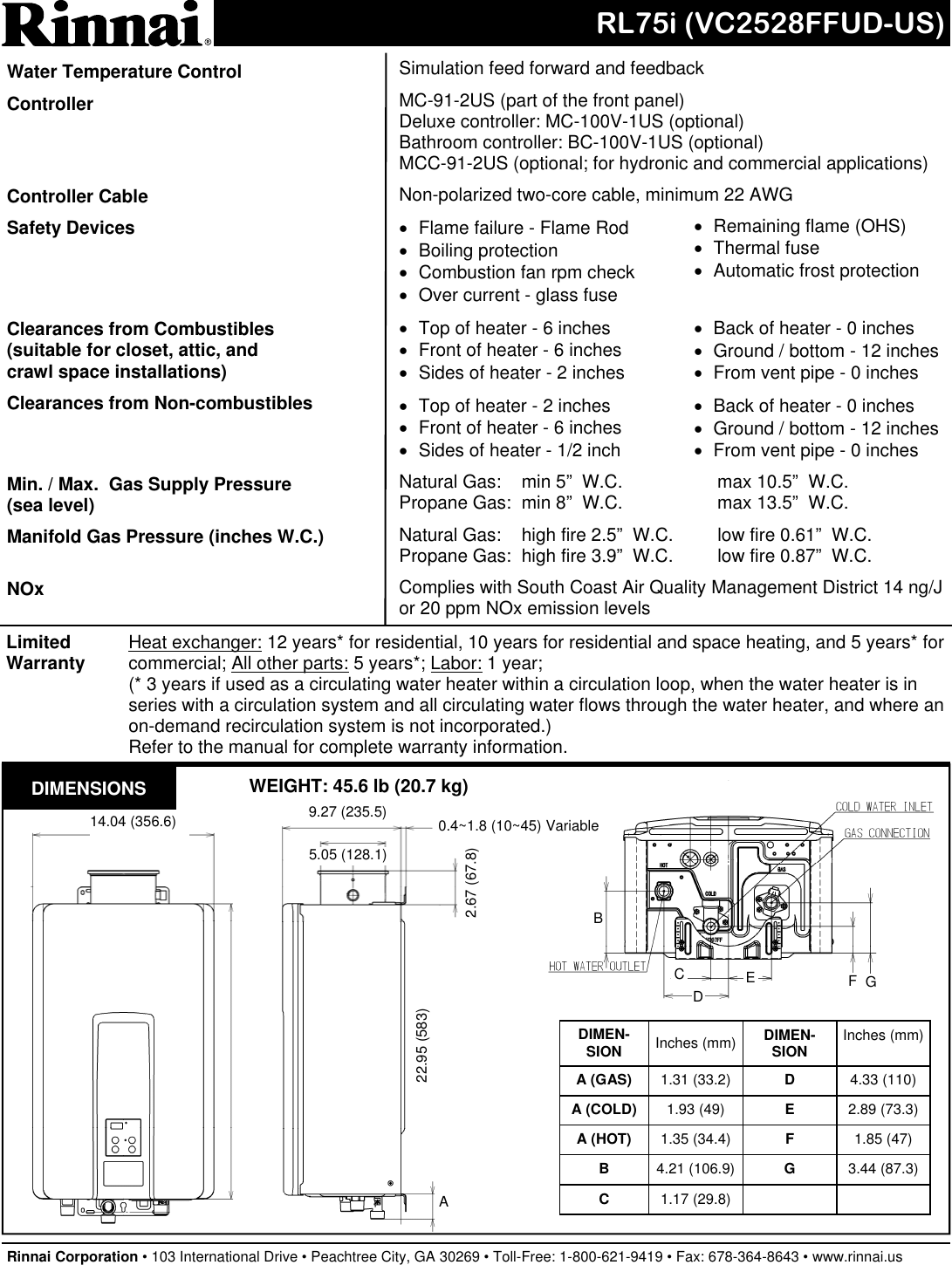 Page 2 of 2 - Rinnai Rinnai-Rl75I-Reu-Vc2528Ffud-Us-Specification-Sheet- RL75i (VC2528FFUD-US) SP  Rinnai-rl75i-reu-vc2528ffud-us-specification-sheet