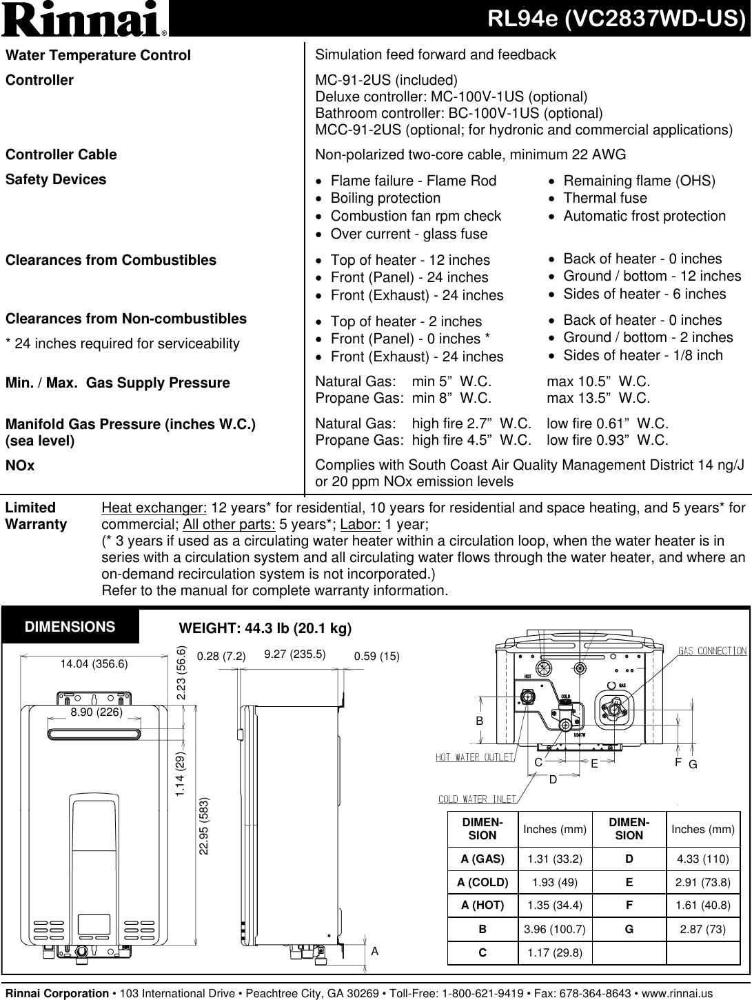 Page 2 of 2 - Rinnai Rinnai-Rl94E-Reu-Vc2837Wd-Us-Specification-Sheet- RL94e (VC2837WD-US) SP  Rinnai-rl94e-reu-vc2837wd-us-specification-sheet