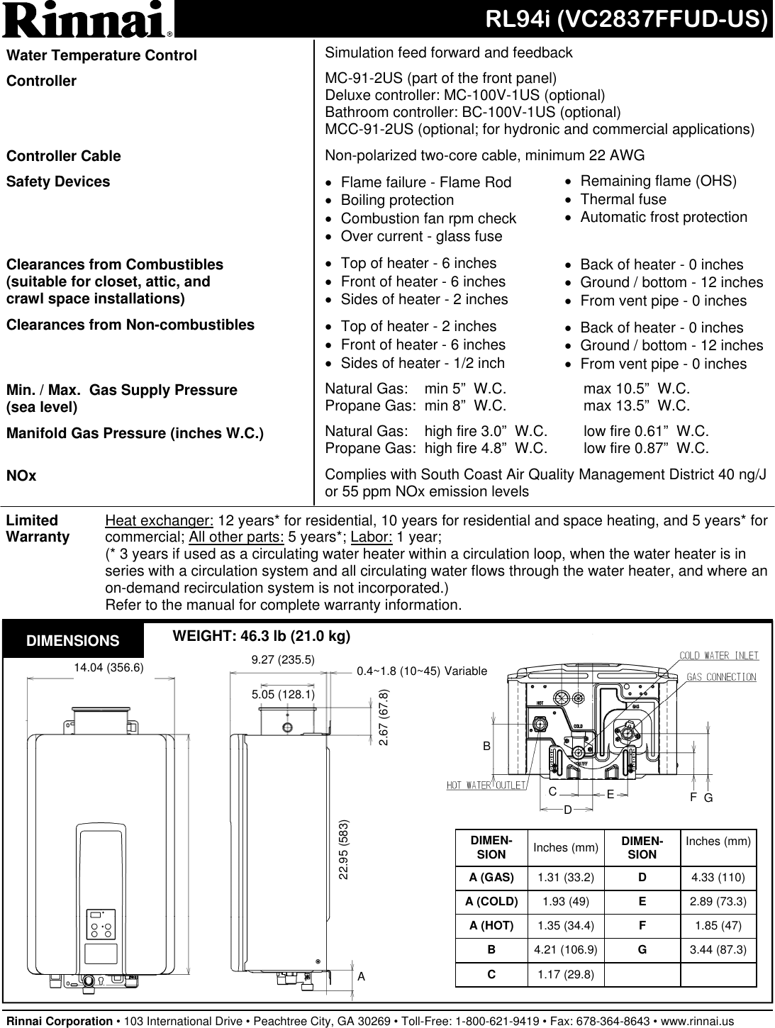 Rinnai Rl94I Reu Vc2837Ffud Us Specification Sheet (VC2837FFUD US) SP