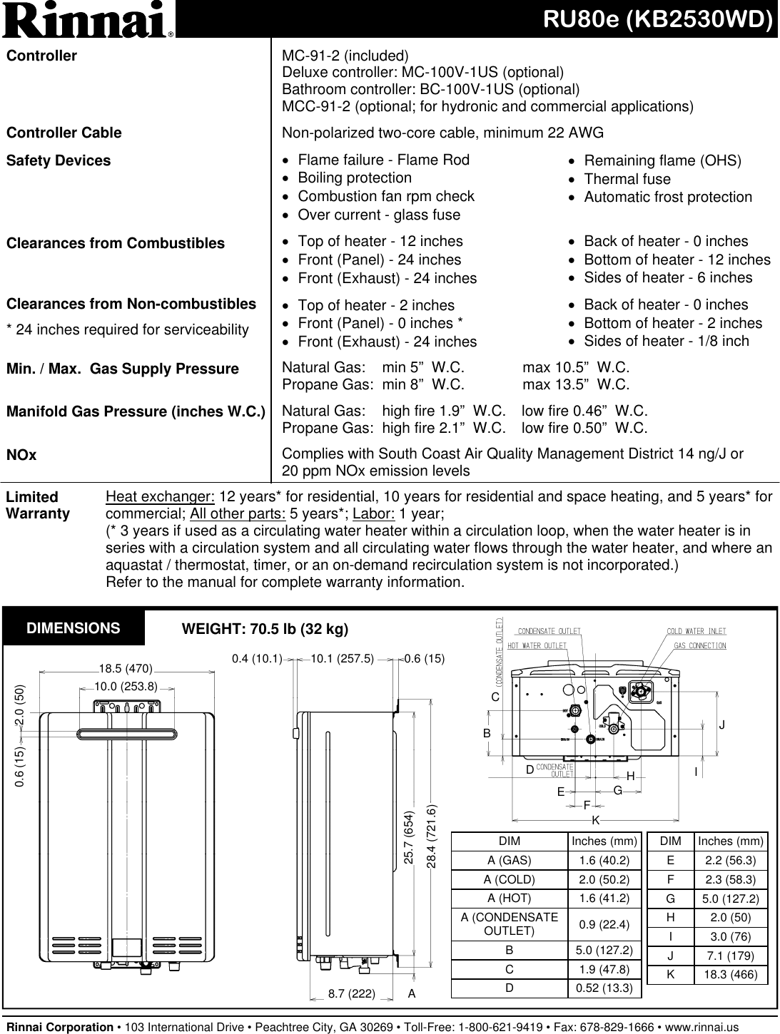 Page 2 of 2 - Rinnai Rinnai-Ru80E-Reu-Kb2530Wd-Us-Specification-Sheet- RU80e SP  Rinnai-ru80e-reu-kb2530wd-us-specification-sheet