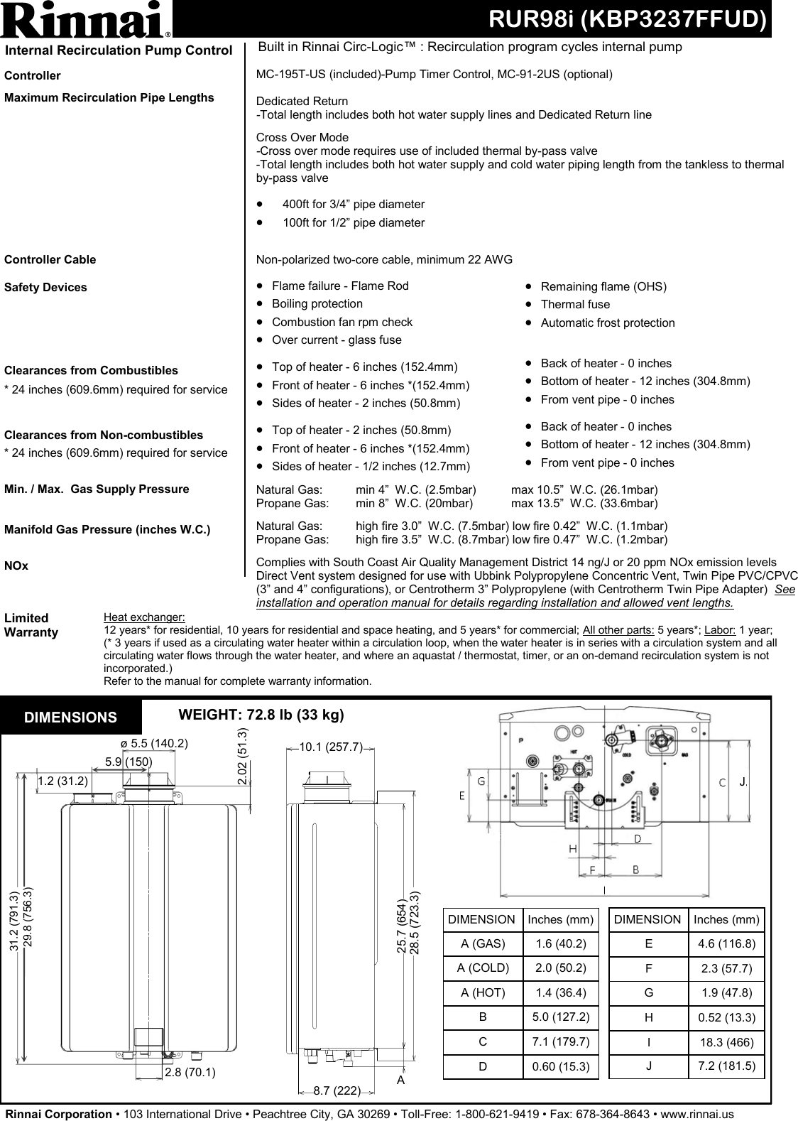 Page 2 of 2 - Rinnai Rinnai-Rur98I-Reu-Kbp3237Ffud-Us-Specification-Sheet-  Rinnai-rur98i-reu-kbp3237ffud-us-specification-sheet