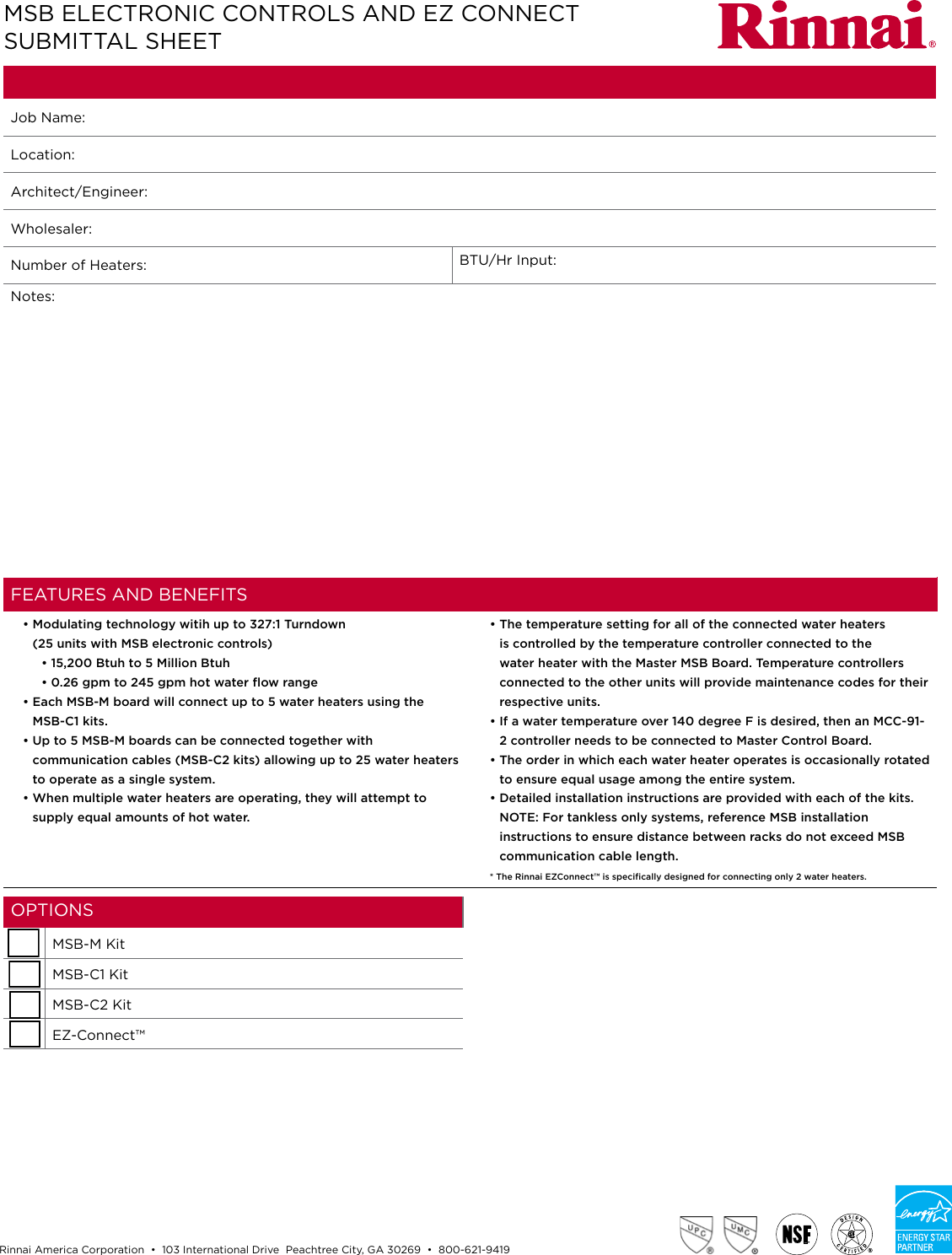 Page 1 of 2 - Rinnai Rinnai-Submittal-Sheet-Msb-Electronic-Control-Miscellaneous-  Rinnai-submittal-sheet-msb-electronic-control-miscellaneous