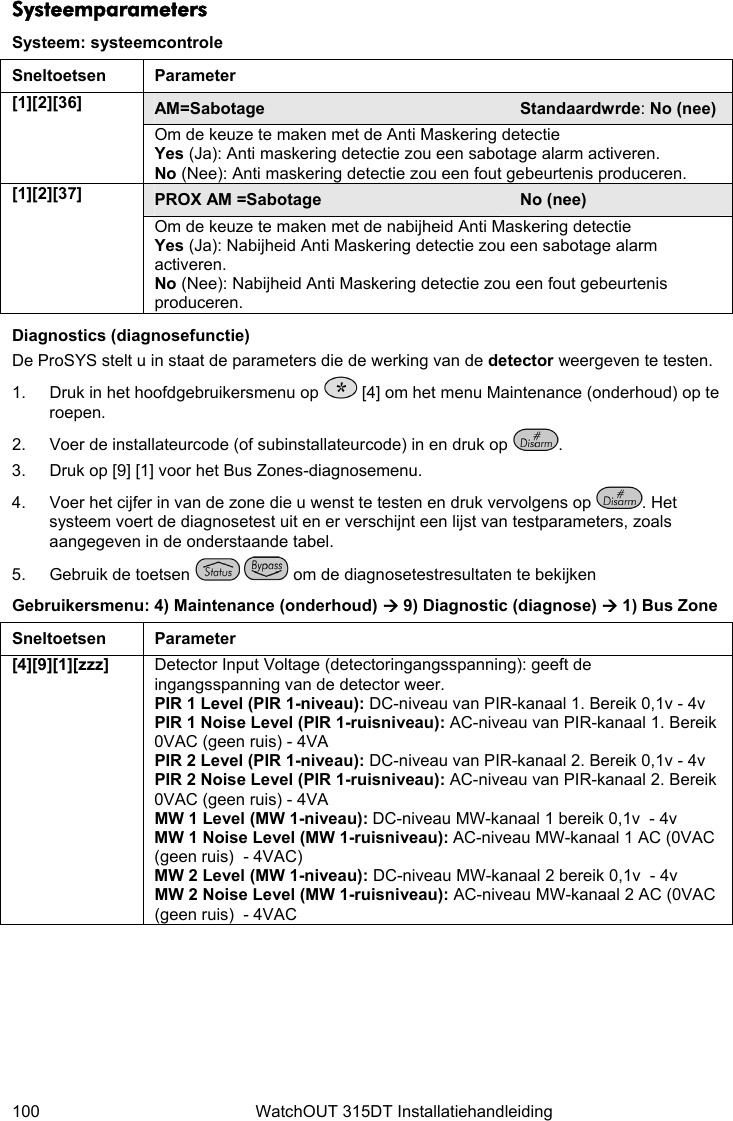  100  WatchOUT 315DT Installatiehandleiding   Systeemparameters Systeem: systeemcontrole Sneltoetsen Parameter AM=Sabotage  Standaardwrde: No (nee) [1][2][36] Om de keuze te maken met de Anti Maskering detectie Yes (Ja): Anti maskering detectie zou een sabotage alarm activeren. No (Nee): Anti maskering detectie zou een fout gebeurtenis produceren. PROX AM =Sabotage No (nee) [1][2][37] Om de keuze te maken met de nabijheid Anti Maskering detectie Yes (Ja): Nabijheid Anti Maskering detectie zou een sabotage alarm activeren. No (Nee): Nabijheid Anti Maskering detectie zou een fout gebeurtenis produceren. Diagnostics (diagnosefunctie) De ProSYS stelt u in staat de parameters die de werking van de detector weergeven te testen.  1.  Druk in het hoofdgebruikersmenu op   [4] om het menu Maintenance (onderhoud) op te roepen. 2.  Voer de installateurcode (of subinstallateurcode) in en druk op  . 3.  Druk op [9] [1] voor het Bus Zones-diagnosemenu.   4.  Voer het cijfer in van de zone die u wenst te testen en druk vervolgens op  . Het systeem voert de diagnosetest uit en er verschijnt een lijst van testparameters, zoals aangegeven in de onderstaande tabel. 5.  Gebruik de toetsen    om de diagnosetestresultaten te bekijken Gebruikersmenu: 4) Maintenance (onderhoud) Æ 9) Diagnostic (diagnose) Æ 1) Bus Zone Sneltoetsen Parameter [4][9][1][zzz] Detector Input Voltage (detectoringangsspanning): geeft de ingangsspanning van de detector weer. PIR 1 Level (PIR 1-niveau): DC-niveau van PIR-kanaal 1. Bereik 0,1v - 4v PIR 1 Noise Level (PIR 1-ruisniveau): AC-niveau van PIR-kanaal 1. Bereik 0VAC (geen ruis) - 4VA PIR 2 Level (PIR 1-niveau): DC-niveau van PIR-kanaal 2. Bereik 0,1v - 4v PIR 2 Noise Level (PIR 1-ruisniveau): AC-niveau van PIR-kanaal 2. Bereik 0VAC (geen ruis) - 4VA MW 1 Level (MW 1-niveau): DC-niveau MW-kanaal 1 bereik 0,1v  - 4v MW 1 Noise Level (MW 1-ruisniveau): AC-niveau MW-kanaal 1 AC (0VAC (geen ruis)  - 4VAC) MW 2 Level (MW 1-niveau): DC-niveau MW-kanaal 2 bereik 0,1v  - 4v MW 2 Noise Level (MW 1-ruisniveau): AC-niveau MW-kanaal 2 AC (0VAC (geen ruis)  - 4VAC       