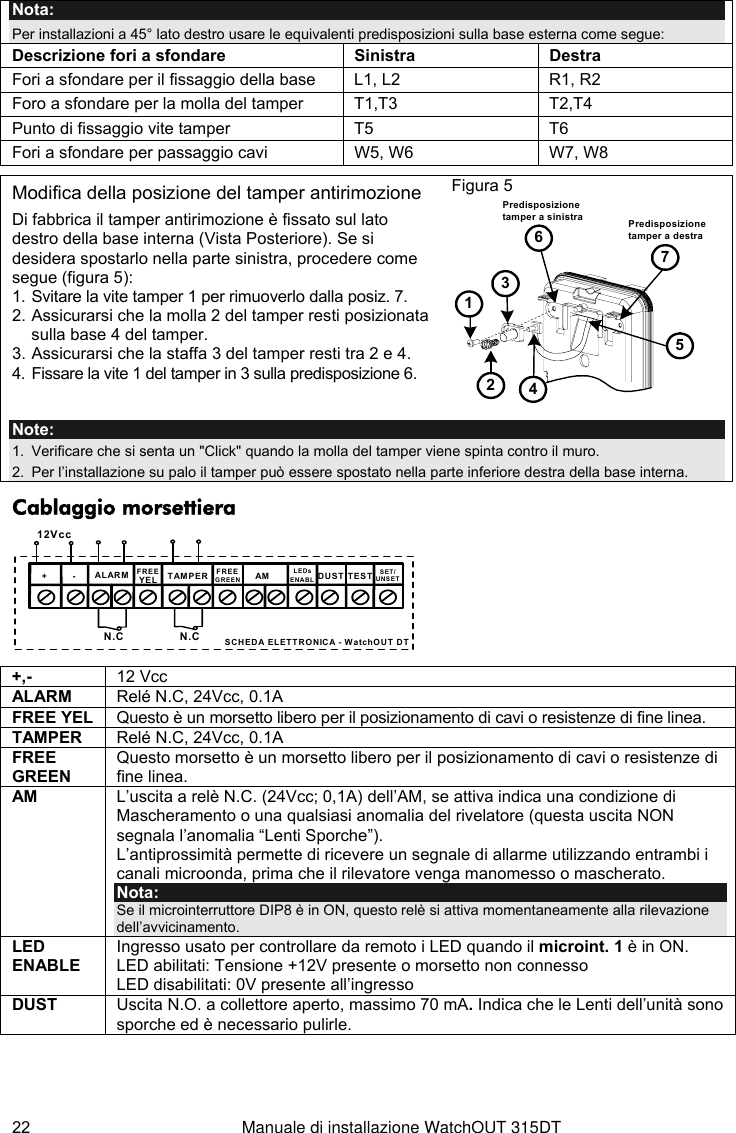  22  Manuale di installazione WatchOUT 315DT Nota: Per installazioni a 45° lato destro usare le equivalenti predisposizioni sulla base esterna come segue: Descrizione fori a sfondare Sinistra Destra Fori a sfondare per il fissaggio della base  L1, L2  R1, R2 Foro a sfondare per la molla del tamper  T1,T3  T2,T4 Punto di fissaggio vite tamper   T5  T6 Fori a sfondare per passaggio cavi  W5, W6  W7, W8    Modifica della posizione del tamper antirimozione Di fabbrica il tamper antirimozione è fissato sul lato destro della base interna (Vista Posteriore). Se si desidera spostarlo nella parte sinistra, procedere come segue (figura 5): 1. Svitare la vite tamper 1 per rimuoverlo dalla posiz. 7. 2. Assicurarsi che la molla 2 del tamper resti posizionata sulla base 4 del tamper. 3. Assicurarsi che la staffa 3 del tamper resti tra 2 e 4. 4. Fissare la vite 1 del tamper in 3 sulla predisposizione 6. Figura 5 1367542Predisposizionetamper a sinistra Predisposizionetamper a destra Note:  1.  Verificare che si senta un &quot;Click&quot; quando la molla del tamper viene spinta contro il muro. 2.  Per l’installazione su palo il tamper può essere spostato nella parte inferiore destra della base interna. Cablaggio morsettiera +- SET/UNSETLEDsENABLAMYELFREEALARM TAMPER GREENFREE DUST TEST12VccN.C N.C SCHEDA ELETTRONICA - WatchOUT DT  +,-  12 Vcc ALARM  Relé N.C, 24Vcc, 0.1A FREE YEL  Questo è un morsetto libero per il posizionamento di cavi o resistenze di fine linea. TAMPER  Relé N.C, 24Vcc, 0.1A FREE GREEN Questo morsetto è un morsetto libero per il posizionamento di cavi o resistenze di fine linea. AM  L’uscita a relè N.C. (24Vcc; 0,1A) dell’AM, se attiva indica una condizione di Mascheramento o una qualsiasi anomalia del rivelatore (questa uscita NON segnala l’anomalia “Lenti Sporche”). L’antiprossimità permette di ricevere un segnale di allarme utilizzando entrambi i canali microonda, prima che il rilevatore venga manomesso o mascherato. Nota:  Se il microinterruttore DIP8 è in ON, questo relè si attiva momentaneamente alla rilevazione dell’avvicinamento. LED ENABLE Ingresso usato per controllare da remoto i LED quando il microint. 1 è in ON. LED abilitati: Tensione +12V presente o morsetto non connesso LED disabilitati: 0V presente all’ingresso DUST  Uscita N.O. a collettore aperto, massimo 70 mA. Indica che le Lenti dell’unità sono sporche ed è necessario pulirle. 