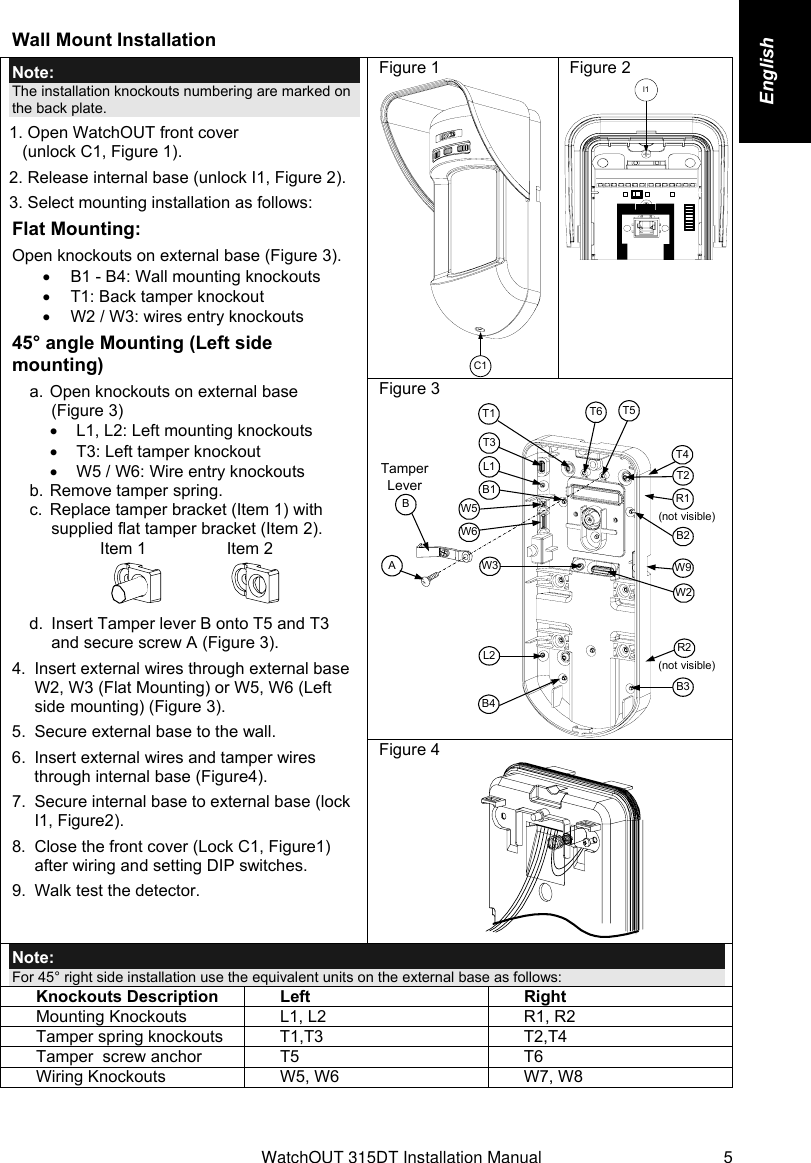    WatchOUT 315DT Installation Manual 5 English Wall Mount Installation Figure 1 C1  Figure 2  l1 Figure 3 TamperLeverAT5T1B2W9B3W2BL1T3B1L2W3B4R1R2(not visible)T2T6(not visible)T4W5W6 Note: The installation knockouts numbering are marked on the back plate. 1. Open WatchOUT front cover  (unlock C1, Figure 1). 2. Release internal base (unlock I1, Figure 2). 3. Select mounting installation as follows: Flat Mounting: Open knockouts on external base (Figure 3). •  B1 - B4: Wall mounting knockouts •  T1: Back tamper knockout •  W2 / W3: wires entry knockouts  45° angle Mounting (Left side mounting) a. Open knockouts on external base  (Figure 3) •  L1, L2: Left mounting knockouts  •  T3: Left tamper knockout •  W5 / W6: Wire entry knockouts b. Remove tamper spring. c.  Replace tamper bracket (Item 1) with supplied flat tamper bracket (Item 2).  Item 1  Item 2  d.  Insert Tamper lever B onto T5 and T3 and secure screw A (Figure 3). 4.  Insert external wires through external base W2, W3 (Flat Mounting) or W5, W6 (Left side mounting) (Figure 3).  5.  Secure external base to the wall. 6.  Insert external wires and tamper wires through internal base (Figure4). 7.  Secure internal base to external base (lock I1, Figure2). 8.  Close the front cover (Lock C1, Figure1) after wiring and setting DIP switches. 9.  Walk test the detector. Figure 4  Note: For 45° right side installation use the equivalent units on the external base as follows: Knockouts Description Left Right Mounting Knockouts  L1, L2  R1, R2 Tamper spring knockouts  T1,T3  T2,T4 Tamper  screw anchor   T5  T6 Wiring Knockouts  W5, W6  W7, W8    