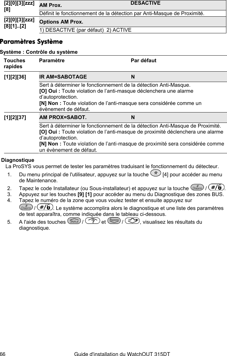  66  Guide d&apos;installation du WatchOUT 315DT AM Prox.  DESACTIVE [2][0][3][zzz] [8] Définit le fonctionnement de la détection par Anti-Masque de Proximité. Options AM Prox.   [2][0][3][zzz] [8][1]..[2] 1) DESACTIVE (par défaut)  2) ACTIVE  Paramètres Système Système : Contrôle du système Touches rapides Paramètre Par défaut IR AM=SABOTAGE  N [1][2][36] Sert à déterminer le fonctionnement de la détection Anti-Masque. [O] Oui : Toute violation de l’anti-masque déclenchera une alarme d’autoprotection. [N] Non : Toute violation de l’anti-masque sera considérée comme un évènement de défaut. AM PROX=SABOT.  N [1][2][37] Sert à déterminer le fonctionnement de la détection Anti-Masque de Proximité. [O] Oui : Toute violation de l’anti-masque de proximité déclenchera une alarme d’autoprotection. [N] Non : Toute violation de l’anti-masque de proximité sera considérée comme un évènement de défaut.  Diagnostique     La ProSYS vous permet de tester les paramètres traduisant le fonctionnement du détecteur.  1.  Du menu principal de l&apos;utilisateur, appuyez sur la touche   [4] pour accéder au menu de Maintenance. 2.  Tapez le code Installateur (ou Sous-installateur) et appuyez sur la touche   /  . 3.  Appuyez sur les touches [9] [1] pour accéder au menu du Diagnostique des zones BUS. 4.  Tapez le numéro de la zone que vous voulez tester et ensuite appuyez sur   /  . Le système accomplira alors le diagnostique et une liste des paramètres de test apparaîtra, comme indiquée dans le tableau ci-dessous. 5.  A l&apos;aide des touches   /   et   /  , visualisez les résultats du diagnostique.                    