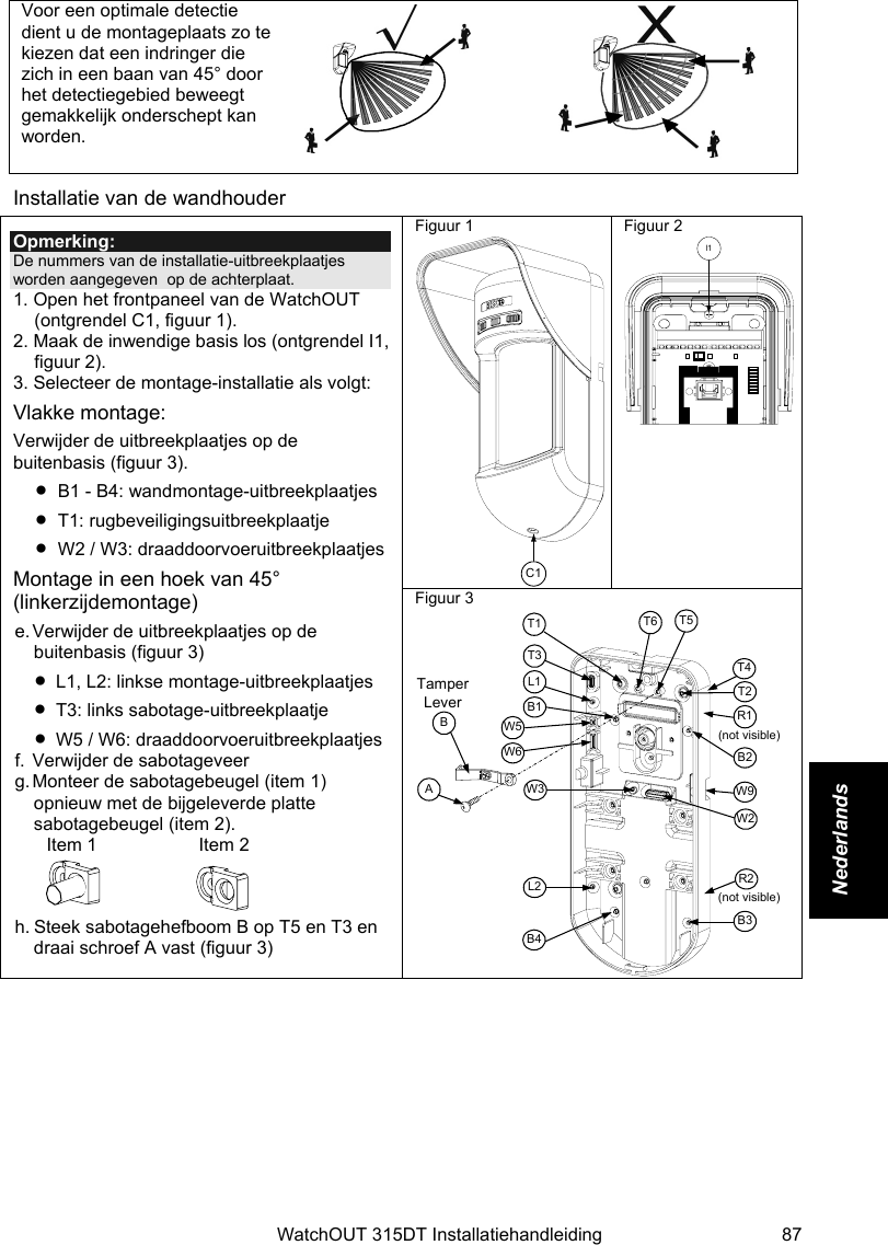    WatchOUT 315DT Installatiehandleiding  87 Nederlands  Voor een optimale detectie dient u de montageplaats zo te kiezen dat een indringer die zich in een baan van 45° door het detectiegebied beweegt gemakkelijk onderschept kan worden.      Installatie van de wandhouder Figuur 1 C1Figuur 2  l1 Opmerking: De nummers van de installatie-uitbreekplaatjes worden aangegeven  op de achterplaat. 1. Open het frontpaneel van de WatchOUT (ontgrendel C1, figuur 1). 2. Maak de inwendige basis los (ontgrendel I1, figuur 2). 3. Selecteer de montage-installatie als volgt: Vlakke montage: Verwijder de uitbreekplaatjes op de buitenbasis (figuur 3). • B1 - B4: wandmontage-uitbreekplaatjes • T1: rugbeveiligingsuitbreekplaatje • W2 / W3: draaddoorvoeruitbreekplaatjes Montage in een hoek van 45° (linkerzijdemontage) e. Verwijder de uitbreekplaatjes op de buitenbasis (figuur 3) • L1, L2: linkse montage-uitbreekplaatjes • T3: links sabotage-uitbreekplaatje • W5 / W6: draaddoorvoeruitbreekplaatjes f. Verwijder de sabotageveer g. Monteer de sabotagebeugel (item 1) opnieuw met de bijgeleverde platte sabotagebeugel (item 2).    Item 1                    Item 2                        h.  Steek sabotagehefboom B op T5 en T3 en draai schroef A vast (figuur 3) Figuur 3 TamperLeverAT5T1B2W9B3W2BL1T3B1L2W3B4R1R2(not visible)T2T6(not visible)T4W5W6 