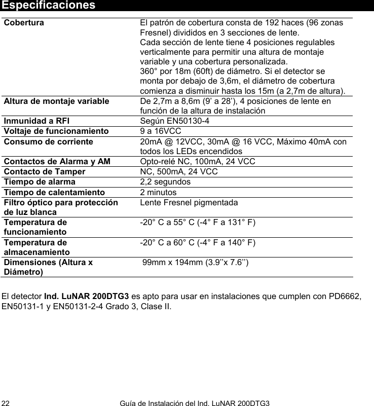  Guía de Instalación del Ind. LuNAR 200DTG3  22Especificaciones Cobertura  El patrón de cobertura consta de 192 haces (96 zonas Fresnel) divididos en 3 secciones de lente. Cada sección de lente tiene 4 posiciones regulables verticalmente para permitir una altura de montaje variable y una cobertura personalizada. 360° por 18m (60ft) de diámetro. Si el detector se monta por debajo de 3,6m, el diámetro de cobertura comienza a disminuir hasta los 15m (a 2,7m de altura). Altura de montaje variable De 2,7m a 8,6m (9’ a 28’), 4 posiciones de lente en función de la altura de instalación Inmunidad a RFI Según EN50130-4 Voltaje de funcionamiento 9 a 16VCC Consumo de corriente 20mA @ 12VCC, 30mA @ 16 VCC, Máximo 40mA con todos los LEDs encendidos Contactos de Alarma y AM Opto-relé NC, 100mA, 24 VCC  Contacto de Tamper NC, 500mA, 24 VCC Tiempo de alarma 2,2 segundos Tiempo de calentamiento 2 minutos Filtro óptico para protección de luz blanca    Lente Fresnel pigmentada Temperatura de funcionamiento -20° C a 55° C (-4° F a 131° F) Temperatura de almacenamiento -20° C a 60° C (-4° F a 140° F) Dimensiones (Altura x Diámetro)   99mm x 194mm (3.9’’x 7.6’’)  El detector Ind. LuNAR 200DTG3 es apto para usar en instalaciones que cumplen con PD6662, EN50131-1 y EN50131-2-4 Grado 3, Clase II.        