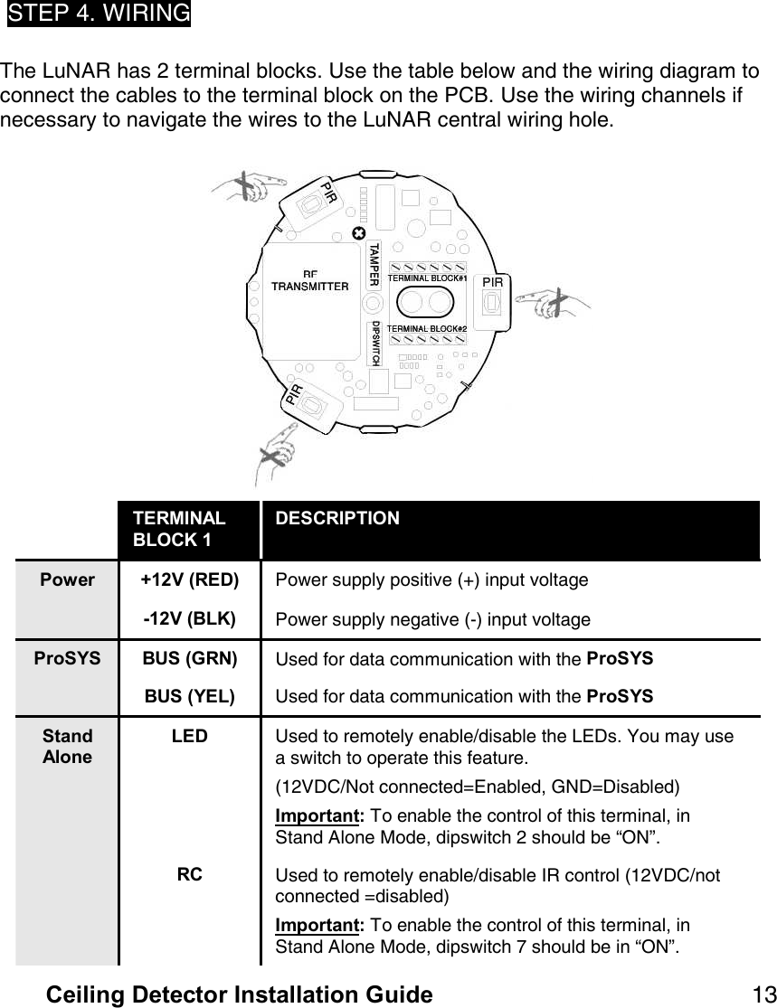 NP===============================================Ceiling Detector Installation==Guidepqbm=QK=tfofkd=qÜÉ=iìk^o=Ü~ë=O=íÉêãáå~ä=ÄäçÅâëK=rëÉ=íÜÉ=í~ÄäÉ=ÄÉäçï=~åÇ=íÜÉ=ïáêáåÖ=Çá~Öê~ã=íç=ÅçååÉÅí=íÜÉ=Å~ÄäÉë=íç=íÜÉ=íÉêãáå~ä=ÄäçÅâ=çå=íÜÉ=m`_K=rëÉ=íÜÉ=ïáêáåÖ=ÅÜ~ååÉäë=áÑ=åÉÅÉëë~êó=íç=å~îáÖ~íÉ=íÜÉ=ïáêÉë=íç=íÜÉ=iìk^o=ÅÉåíê~ä=ïáêáåÖ=ÜçäÉK==== ========  TERMINAL BLOCK 1 DESCRIPTION +12V (RED)=mçïÉê=ëìééäó=éçëáíáîÉ=EHF=áåéìí=îçäí~ÖÉ=Power -12V (BLK)=mçïÉê=ëìééäó=åÉÖ~íáîÉ=EJF=áåéìí=îçäí~ÖÉ=BUS (GRN)= rëÉÇ=Ñçê=Ç~í~=ÅçããìåáÅ~íáçå=ïáíÜ=íÜÉ=ProSYS=ProSYS BUS (YEL)  rëÉÇ=Ñçê=Ç~í~=ÅçããìåáÅ~íáçå=ïáíÜ=íÜÉ=ProSYS=LED=rëÉÇ=íç=êÉãçíÉäó=Éå~ÄäÉLÇáë~ÄäÉ=íÜÉ=ibaëK=vçì=ã~ó=ìëÉ=~=ëïáíÅÜ=íç=çéÉê~íÉ=íÜáë=ÑÉ~íìêÉK======ENOsa`Lkçí=ÅçååÉÅíÉÇZbå~ÄäÉÇI=dkaZaáë~ÄäÉÇF=Important:=qç=Éå~ÄäÉ=íÜÉ=Åçåíêçä=çÑ=íÜáë=íÉêãáå~äI=áå=pí~åÇ=^äçåÉ=jçÇÉI=ÇáéëïáíÅÜ=O=ëÜçìäÇ=ÄÉ=lkÒK==Stand Alone RC=rëÉÇ=íç=êÉãçíÉäó=Éå~ÄäÉLÇáë~ÄäÉ=fo=Åçåíêçä=ENOsa`Låçí=ÅçååÉÅíÉÇ=ZÇáë~ÄäÉÇF=Important:=qç=Éå~ÄäÉ=íÜÉ=Åçåíêçä=çÑ=íÜáë=íÉêãáå~äI=áå=pí~åÇ=^äçåÉ=jçÇÉI=ÇáéëïáíÅÜ=T=ëÜçìäÇ=ÄÉ=áå=lkÒK=