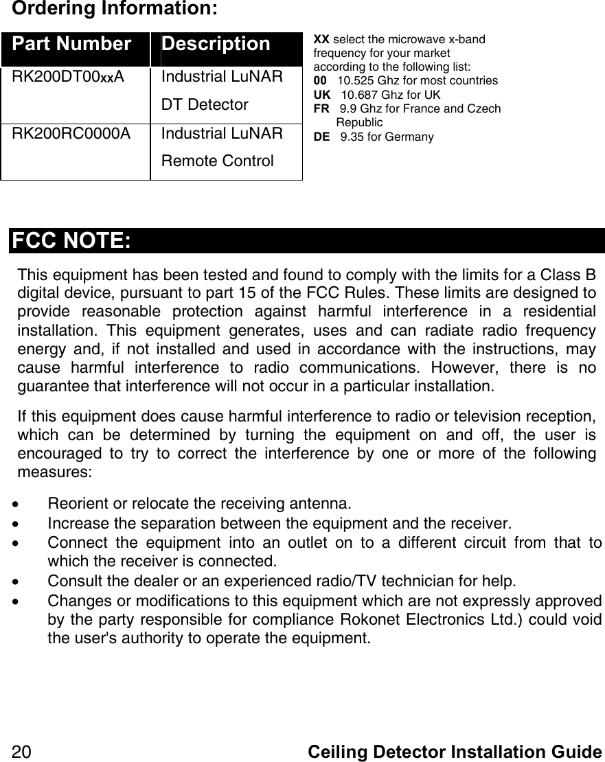   Ceiling Detector Installation==Guide=OM=Ordering Information: Part Number  Description ohOMMaqMMXX^= fåÇìëíêá~ä=iìk^o=aq=aÉíÉÅíçê=ohOMMo`MMMM^= fåÇìëíêá~ä=iìk^o=oÉãçíÉ=`çåíêçä=XX=ëÉäÉÅí=íÜÉ=ãáÅêçï~îÉ=ñJÄ~åÇ=ÑêÉèìÉåÅó=Ñçê=óçìê=ã~êâÉí=~ÅÅçêÇáåÖ=íç=íÜÉ=ÑçääçïáåÖ=äáëíW=00===NMKROR=dÜò=Ñçê=ãçëí=ÅçìåíêáÉë=UK===NMKSUT=dÜò=Ñçê=rh=FR===VKV=dÜò=Ñçê=cê~åÅÉ=~åÇ=`òÉÅÜ=oÉéìÄäáÅ=DE===VKPR=Ñçê=dÉêã~åó== FCC NOTE: qÜáë=ÉèìáéãÉåí=Ü~ë=ÄÉÉå=íÉëíÉÇ=~åÇ=ÑçìåÇ=íç=Åçãéäó=ïáíÜ=íÜÉ=äáãáíë=Ñçê=~=`ä~ëë=_=ÇáÖáí~ä=ÇÉîáÅÉI=éìêëì~åí=íç=é~êí=NR=çÑ=íÜÉ=c``=oìäÉëK=qÜÉëÉ=äáãáíë=~êÉ=ÇÉëáÖåÉÇ=íç=éêçîáÇÉ= êÉ~ëçå~ÄäÉ= éêçíÉÅíáçå= ~Ö~áåëí= Ü~êãÑìä= áåíÉêÑÉêÉåÅÉ= áå= ~= êÉëáÇÉåíá~ä=áåëí~ää~íáçåK= qÜáë= ÉèìáéãÉåí= ÖÉåÉê~íÉëI= ìëÉë= ~åÇ= Å~å= ê~Çá~íÉ= ê~Çáç= ÑêÉèìÉåÅó=ÉåÉêÖó= ~åÇI= áÑ= åçí= áåëí~ääÉÇ= ~åÇ= ìëÉÇ= áå= ~ÅÅçêÇ~åÅÉ= ïáíÜ= íÜÉ= áåëíêìÅíáçåëI= ã~ó=Å~ìëÉ= Ü~êãÑìä= áåíÉêÑÉêÉåÅÉ= íç= ê~Çáç= ÅçããìåáÅ~íáçåëK= eçïÉîÉêI= íÜÉêÉ= áë= åç=Öì~ê~åíÉÉ=íÜ~í=áåíÉêÑÉêÉåÅÉ=ïáää=åçí=çÅÅìê=áå=~=é~êíáÅìä~ê=áåëí~ää~íáçåK==fÑ=íÜáë=ÉèìáéãÉåí=ÇçÉë=Å~ìëÉ=Ü~êãÑìä=áåíÉêÑÉêÉåÅÉ=íç=ê~Çáç=çê=íÉäÉîáëáçå=êÉÅÉéíáçåI=ïÜáÅÜ= Å~å= ÄÉ= ÇÉíÉêãáåÉÇ= Äó= íìêåáåÖ= íÜÉ= ÉèìáéãÉåí= çå= ~åÇ= çÑÑI= íÜÉ= ìëÉê= áë=ÉåÅçìê~ÖÉÇ= íç= íêó= íç= ÅçêêÉÅí= íÜÉ= áåíÉêÑÉêÉåÅÉ= Äó= çåÉ= çê= ãçêÉ= çÑ= íÜÉ= ÑçääçïáåÖ=ãÉ~ëìêÉëW=•  oÉçêáÉåí=çê=êÉäçÅ~íÉ=íÜÉ=êÉÅÉáîáåÖ=~åíÉåå~K=•  fåÅêÉ~ëÉ=íÜÉ=ëÉé~ê~íáçå=ÄÉíïÉÉå=íÜÉ=ÉèìáéãÉåí=~åÇ=íÜÉ=êÉÅÉáîÉêK=•  `çååÉÅí= íÜÉ= ÉèìáéãÉåí= áåíç= ~å= çìíäÉí= çå= íç= ~= ÇáÑÑÉêÉåí= ÅáêÅìáí= Ñêçã= íÜ~í= íç=ïÜáÅÜ=íÜÉ=êÉÅÉáîÉê=áë=ÅçååÉÅíÉÇK=•  `çåëìäí=íÜÉ=ÇÉ~äÉê=çê=~å=ÉñéÉêáÉåÅÉÇ=ê~ÇáçLqs=íÉÅÜåáÅá~å=Ñçê=ÜÉäéK=•  `Ü~åÖÉë=çê=ãçÇáÑáÅ~íáçåë=íç=íÜáë=ÉèìáéãÉåí=ïÜáÅÜ=~êÉ=åçí=ÉñéêÉëëäó=~ééêçîÉÇ=Äó=íÜÉ=é~êíó=êÉëéçåëáÄäÉ=Ñçê=Åçãéäá~åÅÉ=oçâçåÉí=bäÉÅíêçåáÅë=iíÇKF=ÅçìäÇ=îçáÇ=íÜÉ=ìëÉêDë=~ìíÜçêáíó=íç=çéÉê~íÉ=íÜÉ=ÉèìáéãÉåíK===