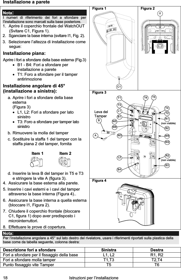  18  Istruzioni per l’installazione  Installazione a parete Figura 1 C1 Figura 2 I1 Figura 3  Leva del Tamper A T 5 T 1 B 2 W 9 B 3 W 2 B L 1 T 3 B 1 L 2 W 3 B 4 R 1 R 2 ( non visibile )T 2 T 6 ( non visibile )T 4 W 5 W 6  Nota: I numeri di riferimento dei fori a sfondare per l’installazione sono marcati sulla base posteriore. 1.  Aprire il coperchio frontale del WatchOUT (Svitare C1, Figura 1). 2.  Sganciare la base interna (svitare I1, Fig. 2). 3.  Selezionare l’altezza di installazione come segue: Installazione piana: Aprire i fori a sfondare della base esterna (Fig.3) •  B1 - B4: Fori a sfondare per installazione a parete •  T1: Foro a sfondare per il tamper antirimozione Installazione angolare di 45° (installazione a sinistra): a. Aprire i fori a sfondare della base esterna (Figura 3) •  L1, L2: Fori a sfondare per lato sinistro  •  T3: Foro a sfondare per tamper lato sinistro b. Rimuovere la molla del tamper c. Sostituire la staffa 1 del tamper con la staffa piana 2 del tamper, fornita   Item 1  Item 2  d. Inserire la leva B del tamper in T5 e T3 e stringere la vite A (figura 3). 4.  Assicurare la base esterna alla parete. 5. Inserire i cavi esterni e i cavi del tamper attraverso la base interna (Figura 4).. 6.  Assicurare la base interna a quella esterna (bloccare I1, Figura 2). 7.  Chiudere il coperchio frontale (bloccare C1, figura 1) dopo aver predisposto i microinterruttori. 8.  Effettuare le prove di copertura. Figura 4   Nota: Per l’installazione angolare a 45° sul lato destro del rivelatore, usare i riferimenti riportati sulla plastica della base come da tabella seguente, colonna destra: Descrizione fori a sfondare Sinistra Destra Fori a sfondare per il fissaggio della base L1, L2  R1, R2 Fori a sfondare molla tamper  T1,T3  T2,T4 Punto fissaggio vite Tamper  T5  T6    