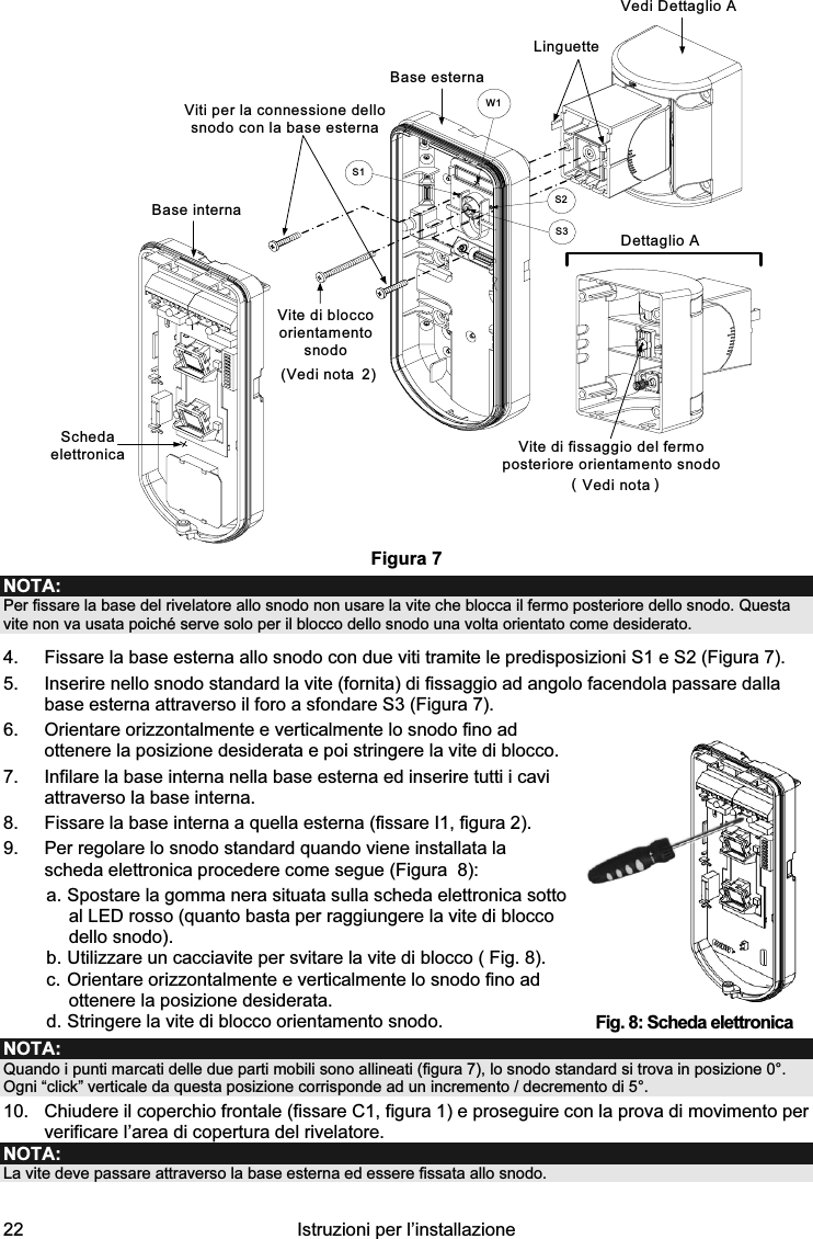  22  Istruzioni per l’installazione  Schedaelettronica Vite di fissaggio del fermoposteriore orientamento snodo(Vedi nota )S1W1S2S3Vedi Dettaglio ALinguetteBase esternaViti per la connessione dellosnodo con la base esternaBase internaVite di bloccoorientamentosnodo(Vedi nota 2)Dettaglio A Figura 7 NOTA: Per fissare la base del rivelatore allo snodo non usare la vite che blocca il fermo posteriore dello snodo. Questa vite non va usata poiché serve solo per il blocco dello snodo una volta orientato come desiderato. 4.  Fissare la base esterna allo snodo con due viti tramite le predisposizioni S1 e S2 (Figura 7).  5.  Inserire nello snodo standard la vite (fornita) di fissaggio ad angolo facendola passare dalla base esterna attraverso il foro a sfondare S3 (Figura 7). 6.  Orientare orizzontalmente e verticalmente lo snodo fino ad ottenere la posizione desiderata e poi stringere la vite di blocco. 7.  Infilare la base interna nella base esterna ed inserire tutti i cavi attraverso la base interna.  8.  Fissare la base interna a quella esterna (fissare I1, figura 2). 9.  Per regolare lo snodo standard quando viene installata la scheda elettronica procedere come segue (Figura  8):  a. Spostare la gomma nera situata sulla scheda elettronica sotto al LED rosso (quanto basta per raggiungere la vite di blocco dello snodo).  b. Utilizzare un cacciavite per svitare la vite di blocco ( Fig. 8). c. Orientare orizzontalmente e verticalmente lo snodo fino ad ottenere la posizione desiderata. d. Stringere la vite di blocco orientamento snodo.   Fig. 8: Scheda elettronica NOTA: Quando i punti marcati delle due parti mobili sono allineati (figura 7), lo snodo standard si trova in posizione 0°. Ogni “click” verticale da questa posizione corrisponde ad un incremento / decremento di 5°. 10.  Chiudere il coperchio frontale (fissare C1, figura 1) e proseguire con la prova di movimento per verificare l’area di copertura del rivelatore. NOTA: La vite deve passare attraverso la base esterna ed essere fissata allo snodo. 