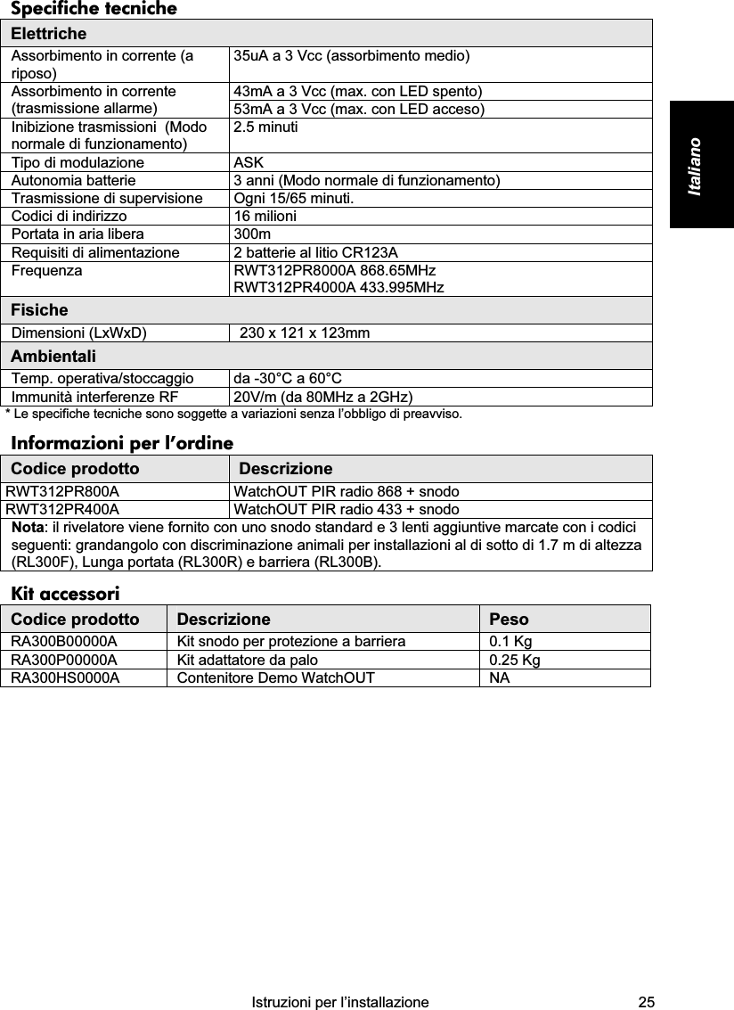    Istruzioni per l’installazione  25 Italiano  Specifiche tecniche Elettriche Assorbimento in corrente (a riposo) 35uA a 3 Vcc (assorbimento medio) 43mA a 3 Vcc (max. con LED spento) Assorbimento in corrente (trasmissione allarme)  53mA a 3 Vcc (max. con LED acceso) Inibizione trasmissioni  (Modo normale di funzionamento) 2.5 minuti  Tipo di modulazione  ASK Autonomia batterie  3 anni (Modo normale di funzionamento) Trasmissione di supervisione  Ogni 15/65 minuti. Codici di indirizzo  16 milioni Portata in aria libera  300m  Requisiti di alimentazione  2 batterie al litio CR123A  Frequenza RWT312PR8000A 868.65MHz RWT312PR4000A 433.995MHz Fisiche Dimensioni (LxWxD)  230 x 121 x 123mm Ambientali Temp. operativa/stoccaggio  da -30°C a 60°C  Immunità interferenze RF   20V/m (da 80MHz a 2GHz) * Le specifiche tecniche sono soggette a variazioni senza l’obbligo di preavviso. Informazioni per l’ordine Codice prodotto  Descrizione RWT312PR800A  WatchOUT PIR radio 868 + snodo RWT312PR400A  WatchOUT PIR radio 433 + snodo Nota: il rivelatore viene fornito con uno snodo standard e 3 lenti aggiuntive marcate con i codici seguenti: grandangolo con discriminazione animali per installazioni al di sotto di 1.7 m di altezza (RL300F), Lunga portata (RL300R) e barriera (RL300B). Kit accessori Codice prodotto  Descrizione  Peso RA300B00000A  Kit snodo per protezione a barriera  0.1 Kg  RA300P00000A  Kit adattatore da palo   0.25 Kg  RA300HS0000A  Contenitore Demo WatchOUT  NA                     