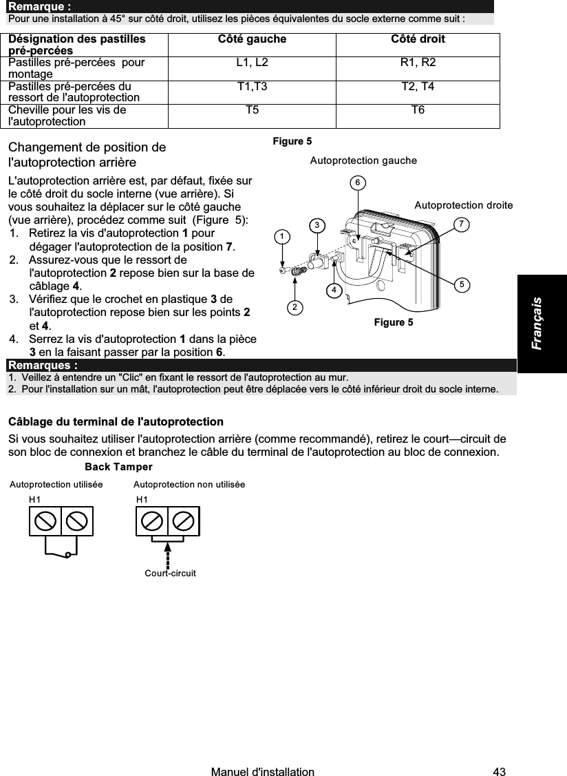    Manuel d&apos;installation   43 Français Remarque : Pour une installation à 45° sur côté droit, utilisez les pièces équivalentes du socle externe comme suit : Désignation des pastilles pré-percées Côté gauche Côté droit Pastilles pré-percées  pour montage  L1, L2  R1, R2 Pastilles pré-percées du ressort de l&apos;autoprotection  T1,T3 T2, T4 Cheville pour les vis de l&apos;autoprotection   T5 T6    Changement de position de  l&apos;autoprotection arrière L&apos;autoprotection arrière est, par défaut, fixée sur le côté droit du socle interne (vue arrière). Si vous souhaitez la déplacer sur le côté gauche (vue arrière), procédez comme suit  (Figure  5): 1.  Retirez la vis d&apos;autoprotection 1 pour dégager l&apos;autoprotection de la position 7. 2.  Assurez-vous que le ressort de l&apos;autoprotection 2 repose bien sur la base de câblage 4. 3.  Vérifiez que le crochet en plastique 3 de l&apos;autoprotection repose bien sur les points 2 et 4. 4.  Serrez la vis d&apos;autoprotection 1 dans la pièce 3 en la faisant passer par la position 6. Figure 5       3612475Autoprotection gaucheAutoprotection droite Figure 5 Remarques :   1.  Veillez à entendre un &quot;Clic&quot; en fixant le ressort de l&apos;autoprotection au mur. 2.  Pour l&apos;installation sur un mât, l&apos;autoprotection peut être déplacée vers le côté inférieur droit du socle interne. Câblage du terminal de l&apos;autoprotection Si vous souhaitez utiliser l&apos;autoprotection arrière (comme recommandé), retirez le court—circuit de son bloc de connexion et branchez le câble du terminal de l&apos;autoprotection au bloc de connexion.  Back TamperH1 H1Autoprotection utilisée Autoprotection non utiliséeCourt-circuit  