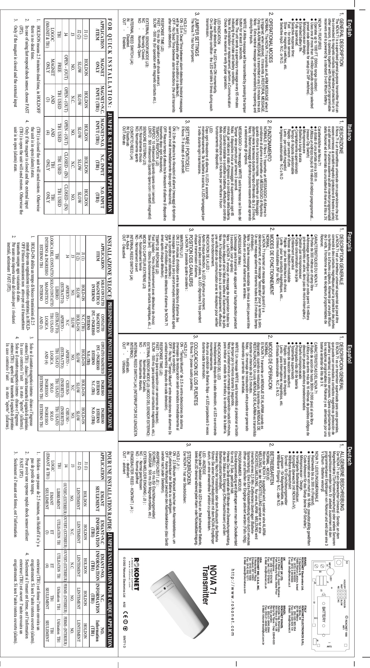 FUNZIONAMENTONORMALE: Il Nova 71 trasmette un MESSAGGIO di Allarme incondizione di allarme e trasmette un MESSAGGIO di Ripristinoquando ritorna in funzione normale.  Solamente un Messaggioallarme viene trasmesso durante il tempo d&apos;intervallo da 2 a 3 minuti.Nota:  Ulteriori messaggi di ripristino possono essere attivati aprendoe selezionando gli ingressi.MESSAGGIO: Un messaggio WRITE sarà trasmesso se il tasto delTamper viene premuto per almeno 3 secondi.Nota:  Il dispositivo invia un messaggio di supervisione ogni 65minuti, per indicare lo stato d&apos;ingresso e la condizione della batteria.Nota: Quando installate o sostituite la batteria, effettuate un controllodella comunicazione con il ricevitore per verificare il buonfunzionamento del dispositivo.LED:Dopo ogni rilevazione di allarme, il LED si accendemomentaneamente. Se la batteria è scarica, il LED lampeggerà per3 volte durante ogni trasmissione.MODES DE FONCTIONNEMENTNORMAL :Le NOVA 71 transmet un message alarme quand il y adéclenchement, et un message &quot;restorable&quot; pour la remise à zéro.Un seul message alarme est transmis toutes les 2.5 minutes (tempsd&apos;inhibition).Note : D&apos;autres messages restorable (de mise à zéro) peuvent êtreeffectués en ouvrant et refermant les entrées.ADRESSAGE (Write) :L&apos;adressage sera transmis en appuyant sur l&apos;autoprotection pendant3 secondes. (voir ci-après)Note : Le NOVA 71 envoie un message de supervision toutes les65 minutes indiquant ainsi l&apos;état des sorties et l&apos;autonomie de la pile.Note : A l&apos;installation de la pile ou à son remplacement, effectuezune vérification de communication avec le récepteur pour vérifierle bon fonctionnement.INDICATION DE LA LED :Après chaque détection, la LED s&apos;allume un moment.Lorsque les piles sont usées, la LED clignotera 3 fois pendantchaque transmission d&apos;alarme.MODOS DE OPERACIONNORMAL:El NOVA 71 transmite un MENSAJE DE ALARMA cuando esdisparado; cuando es restaurado, transmite un MENSAJE DERESTAURACION. Un solo MENSAJE DE ALARMA es transmitidodurante un intervalo de 2.5 minutos.Nota:   Un mensaje de restauración extra puede ser generadoreabriendo y cerrando  las entradas.WRITE: Un mensaje WRITE será transmitido al presionar el botónde tamper por lo menos durante 3 segundos.Nota: La unidad envía un mensaje de supervisión cada 65 minutos,para indicar el  estado de la entrada y la condición de la batería.INDICACIONES DEL LEDInmediatamente después de cada detección, el LED se enciendemomentáneamente.Ante una condición de Batería Baja - el LED parpadeará 3 vecesdurante cada transmisión.BETRIEBSARTENNORMAL - MODUS:Wenn der NOVA 71 ausgelöst wird, sendet er eine ALARM-MELDUNG, bei der RÜCKSTELLUNG sendet er nur eineRÜCKSTELLMELDUNG.  Nur eine ALARM - MELDUNG wirdinnerhalb eines 2,5 Min.-Zeitfensters übertragen (Batterie-Sparschaltung). Eine Extra-Rückstellmeldung kann durch erneutesöffnen und schließen der Eingänge aktiviert werden (Falls nötig).PROGRAMMIER - MODUS:Eine Adressenmeldung wird übertragen wenn man den Deckelkontaktfür mind. 3 Sek. gedrückt hält.Hinweis: Das Gerät sendet alle 65 Minuten eine Überwachungsmeldung,die den Status des Eingangs (Offen/Geschlossen) und denBatteriezustand beinhaltet.Hinweis: Nach der Installation oder dem Austausch der Batterieführen Sie einen Kommunikationstest mit dem NOVA-Empfänqerdurch, um eine einwandfreie Funktion zu gewährleisten.LED - ANZEIGENach jeder Detektion steht die LED kurz an. Bei schwacher Batterie,blinkt die LED dreimal während jeder Alarm- oder Rückstellübertragung.JUMPER SETTINGSThe Nova 71 has four jumpers:HOLD (J1):ON - 2.5 m Dead Time between alarm detections (restoral messageswill be sent immediately after the condition is detected).OFF - No Dead Time between alarm detections (the unit transmitsafter each detection).RESPONSE TIME (J2):FAST - 10 ms (for operation with shock sensor).SLOW  - 500 ms (for operation with magnetic contacts etc.).EXTERNAL SENSOR MODE (J3):NC      -       Normally Closed.NO      -       Normally Open.INTERNAL REED SWITCH (J4):IN      -       Disabled.OUT     -       Enabled.SETTARE I PONTICELLIIl Nova 71 è dotato di 4 ponticelli:J1:ON: 2.5m di attesa tra le rilevazioni di allarmi (messaggi di ripristinosaranno inviati immediatamente dopo ogni rilevazione).OFF: Nessun tempo di attesa tra le rilevazioni di allarme (il dispositivotrasmette dopo ogni rilevazione).TEMPO DI RISPOSTA  (J2)RAPIDO: 10 millisecondi (quando opera con i sensori)LENTO:  500 millisecondi (quando opera con i contatti magnetici)SENSORE ESTERNO (J3)NC: Normalmente chiusoNO: Normalmente apertoCONTATTO REED (J4)IN: DisattivatoOUT: AttivatoPOSITION DES CAVALIERSLe NOVA 71 possède quatre cavaliers :MAINTENU (J1)ON: 2.5 minutes d&apos;inhibition entre les détections d&apos;alarme (lesmessages de remise à zéro seront envoyés immédiatement aprèsque la condition soit détectée.)OFF : Pas d&apos;inhibition entre les détections d&apos;alarme (le NOVA 71émet après chaque détection).TEMPS DE RÉPONSE (J2)Fast (rapide) - 10ms (fonctionnement avec détecteur de chocs)Slow (lent)  - 500ms (fonctionnement avec les contacts magnétiques, etc...)MODE DU CAPTEUR EXTRENE (J3)NC - Normalement ferméNO - Normalement ouvertINTERNAL REED SWITCH (J4)IN - ActivéOUT - DésactivéCOLOCACION DE LOS PUENTESEl Nova 71 posee cuatro puentes:HOLD (J1)ON - &quot;Tiempo Muerto&quot; de 2.5 m entre detecciones de alarma(mensajes de restauración serán enviados inmediatamente aldetectar la condición).OFF - No hay &quot;Tiempo Muerto&quot; entre detecciones de alarmas (launidad transmitirá  después de cada detección).RESPONSE TIME (J2):FAST - 10 ms (para operación con sensores de impacto).SLOW  - 500 ms (para operación con contactos magnéticos, etc.).EXTERNAL SENSOR MODE (J3) (MODO DEL SENSOR EXTERNO):NC      -       Normalmente Cerrado.NO      -       Normalmente Abierto.INTERNAL REED SWITCH (J4) (INTERRUPTOR DE LENGÜETAINTERNO):IN      -       Inutilizado.OUT     -       Utilizado.STECKBRÜCKENDer NOVA 71 hat vier Steckbrücken:HOLD ( J1 ) :ON -  2,5 Minuten Wartezeit zwischen den Alarmdetektionen, umdie Lebensdauer der Batterie zu verlängern.OFF -  Keine Wartezeit zwischen den Alarmdetektionen (das Gerätsendet nach†jeder Detektion).ANSPRECHZEIT ( J2 ) :SCHNELL:    10 ms (für Erschütterungsmelder)LANGSAM:  500 ms (für Magnetkontakte, etc.)EXTERN-MELDER EINGANG ( J3 ) :NC  -  Normal geschlossenNO  -  Normal geöffnetEINGEBAUTER  REED - KONTAKT ( J4 ) :IN      -  deaktiviertOUT  -  aktiviertGENERAL DESCRIPTIONThe NOVA 71 is a supervised general purpose transmitter that canbe connected to magnetic contacts (door/window protection) or toother sensors. It operates together with Rokonet&apos;s programmablereceivers and is powered by a standard 3-volt lithium battery.NOVA 71 FEATURES●Operates up to 1000 FT. (300m) range (outdoor)●  Uses one of more than 16 million pseudo-randomly selectedpreset code addresses for setup (no DIP switches).●Microprocessor design.●Extended battery life.●Fully supervised.●Selective response time:Fast  - for shock sensorsSlow - for magnetic switches, etc.●  Selective input - N.C. or N.O.EnglishDESCRIZIONEIl Nova 71 è un trasmettitore universale con supervisione che puòessere connesso ai contatti magnetici (protezione di finestre o porte)o ad altri sensori.  Funziona assieme ad altri ricevitori programmabilidella Rokonet ed è alimentato da una batteria di riserva al litio a 3V.Caratterisitiche del Nova 71● è dotato di una portata sino a 300 m● Utilizza un indirizzo tra più di 16 milioni di indirizzi preprogrammati...   (nessun Dip Switch)● Microprocessore● Batteria a lunga durata● Completamente supervisionato● Tempo di risposta selezionabile   Rapido - per sensori d&apos;urto   Lento - per contatti magnetici● Ingresso selezionabile - N.C o N.O1.DESCRIPTION GENERALELe NOVA 71 est un émetteur universel supervisé qui peut êtreconnecté à des contacts magnétiques pour la protection des portesou fenêtres, ou à d&apos;autres capteurs. Alimenté par une pile lithiumde 3 volts, il fonctionne avec les récepteurs programmables deRokonet.CARACTERISTIQUES DU NOVA 71● Portée de 300 mètres en champ libre● Adressage automatique (choisit un code parmi 16 millions   pré-enregistrés en usine, donc pas de micro-interrupteur).● Gestion par microprocesseur● Faible consommation de la pile● Entièrement supervisé● Vitesse de détection modulable    Rapide - pour les détecteurs de chocs    Lente - pour les contacts magnétiques, etc...● Entrées modulables (NF ou NO)DESCRIPCION GENERALEl NOVA 71 es un transmisor supervisado para usos generales,que puede ser conectado a contactos magnéticos (protección depuertas y ventanas) o a otros sensores. Opera conjuntamente conlos receptores programables de Rokonet y es  alimentado por unabatería estándar de litio de 3 V.CARACTERISTICAS DEL NOVA 71● Radio de acción de hasta 300m (1000 pies) al aire libre● Utiliza uno de entre más de 16 millones de posibles códigos de   dirección pseudo aleatorios preseleccionados● Diseño microprocesado● Prolongada vida útil de batería● Totalmente supervisado● Tiempo de reacción selectivo:    Rápido - para sensores de impacto    Lento - para interruptores magnéticos, etc.● Entrada seleccionable - N.C. o N.O.ALLGEMEINE BESCHREIBUNGDer NOVA 71 ist ein überwachter Universal - Sender, an demMagnetkontakte (Tür/Fensterüberwachung) oder andere Sensorenangeschlossen werden kann. Er arbeitet zusammen mit denprogrammierbaren Empfängern von Rokonet und wird über eine 3V Lithium - Batterie versorgt.NOVA 71 LEISTUNGSMERKMALE●  Reichweite bis zu 300 m (Freiland).●  Verwendet eine von mehr als 16 Mio. pseudozufällig gewähltenCode-Adressen für das Setup (keine DIP-Schalter).●  Mikroprozessor - Design.●  Verlängerte Batterielebensdauer.●  Komplett überwacht (mit NOVA II+IV).●  Wählbare Ansprechzeit:Schnell - für ErschütterungsmelderLangsam - für Magnetkontakte, etc.● Wählbarer Eingang - N.C. oder N.O.D2.OPERATIONAL MODESNORMAL: The NOVA 71 transmits an ALARM MESSAGE when itis triggered; when restored,  it transmits a RESTORAL MESSAGE.Only one ALARM MESSAGE is transmitted in any 2.5 minutes time slot.Note:   Extra restoral message can be generated by reopening andclosing the inputs.WRITE: A Write message will be transmitted by pressing the tamperbutton for at least 3 seconds.Note: The unit sends a supervisory message every 65 minutesindicating the input state and battery condition.Note: At installation or replacement, perform a CommunicationCheck with the receiver to verify proper operation.LED INDICATIONAfter each detection, the LED turns ON momentarily.On Low Battery condition - the LED will blink 3 times during eachtransmission.3.1.2.3.1.2.3.1.2.3.1.2.3.Italiano Français Español Deutsch© ROKONET 1999BATTERYHOLDONSLOWNCHOLDOFFFASTNOINPUT(+)ANT1J4S1ANT2R11LED1J1+J3J2S2B1_ISRAELROKONET Electronics Ltd.14 Hachoma St.75655 Rishon Letzion, IsraelTel:  (972) 3 9616555Fax. (972) 3 9616584E-mail: info@rokonet.co.ilUKROKONET UK LTD.4 &amp; 5 West Court, Saxon BusinessPark Hanbury Road, Stoke PriorBromsgroveTel:  (44) 1527 576765Fax: (44) 1527 576816E-Mail: info@rokonet.co.ukUSAROKONET IND. U.S.A. INC.5 Westchester PlazaElmsford, NY 10523Tel:  (914) 592 1068Fax: (914) 592 1271E-Mail: sales@rokonetusa.comITALYROKONET ELECTRONICS S.R.L.Via Mola, 3920156 MilanoTel:  (39) 023 925 354Fax: (39) 023 925 131E-Mail:  info@rokonet.itBRAZILROKONET BRAZILAvenida Das Americas,500 Bloco 20 Loja 126Barra Da Tijuca - Cep: 22640-020Rio De JaneiroTel:  (55)-21-2496.3544Fax: (55)-21-2496.3547E-Mail: rokonet-brasil@uol.com.brhttp://www.rokonet.com© 2002 Rokonet Electronics Ltd 4/02 5INT71 DNOVA 71transmitterNOVA 71Transmitter1. Holdon - une pause de 2.5 minutes, en Holdoff il n’y apas de perde de temps.2. Pour avoir une reponse rapide shock sensor utiliser FAST (JP2)3. Seulement si l‘emant est ferme, est l‘information exterieur (TB1) est ferme l‘unite envoira un eregistrement. Si non l‘unite restera ouverte (alarm).4. Seulement si l‘emant est ferme, est l‘information exterieur (TB1) est ouvert  l‘unite envoaira un eregistrement. Si non l‘unite restera ouverte (alarm).EMANT+NO.INFORMATION(TB1)HOLDONLENTEMENTN.C.OUVERT-(EXTERIEUR)UTILISATION  TB1ET(4)NO.Information(TB1)HOLDONLENTEMENTNO.FERME- (INTERIEUR)Utilisation  TB1TB1SEULEMENTN.C.INFORMATION(TB1)HOLDONLENTEMENTNO.FERME- (INTERIEUR)Utilisation  TB1TB1SEULEMENTAPPLICATIONJ1 (1)J2 (2)J3J4TB1LOGIC(EMANT &amp; TB1)EMANTSEULEMENTHOLDONLENTEMENTNO.OUVERT-(EXTERIEUR)LIBREMENTEMANTSEULEMENTEMANT+N.CINFORMATION(TB1)HOLDONLENTEMENTN.C.OUVERT-(EXTERIEUR)UTILISATION  TB1ET(3)POUR UNE INSTALLATION RAPIDE:JUMPER INSTALLATION POUR CAHQUE APPLICATIONMAGNET+N.O.INPUT (TB1)HOLDONSLOWNO.OPEN - (OUT)TB1 USEDAND(4)MAGNETONLYHOLDONSLOWNO.OPEN - (OUT)FREEMAGNETONLYN.O. INPUT(TB1)HOLDONSLOWNO.CLOSED - (IN)TB1 USEDTB1ONLYN.C. INPUT(TB1)HOLDONSLOWN.C.CLOSED - (IN)TB1 USEDTB1ONLYMAGNET+N.C.INPUT (TB1)HOLDONSLOWN.C.OPEN - (OUT)TB1 USEDAND(3)1. HOLDON means 2.5 minutes dead time, in HOLDOFFthere is no dead time.2. In case of using fast respond shock sensor, choose FAST(JP2).3. Only if the magnet is closed and the external input  (TB1) is closed the unit will send restore. Otherwise  the unit is in open (alarm) state.4. Only if the magnet is closed and the external input (TB1) is open the unit will send restore. Otherwise theunit is in open (alarm) state.FOR QUICK INSTALLATION:APPLICATION/ITEMJ1 (1)J2 (2)J3J4TB1LOGOC(MAGNET &amp; TB1)APPLICAZION/ITEMJ1 (1)J2 (2)J3J4TBILOGICA DEL CONTATTOINTERNO &amp; INGRESSOESTERNO TB11. HOLD-ON abilita un tempo di blocco trasmissioni di 2.5 minuti dopo una segnalazione (e relativo ripristino), in HOLD-OFF il blocco trasmissioni non   attivo per cui il trasmettitoretrasmette sempre ogni variazione di stato.2. Per usare una risposta veloce del circuito per i  rivelatori inerziali, selezionare  FAST (JP2).CONTATTOMAGNETICOINT. + INGRESSOESTERNON.C. (TB1)HOLD-ONSLOWN.CAPERTO -(ESTRATTO)TB1 USATOLOGICAAND (3)CONTATTO MAGNETICOINT. + INGRESSOESTERNO N.O. (TB1)HOLD-ONSLOWNO.APERTO -(ESTRATTO)TB1 USATOLOGICAAND (4)INGRESSOESTERNON.C. (TB1)HOLD-ONSLOWN.CCHIUSO-(INSERITO)TB1 USATOSOLOINGRESSOESTERNO TB1INGRESSOESTERNON.O. (TB1)HOLD-ONSLOWNO.CHIUSO -(INSERITO)TB1 USATOSOLOINGRESSOESTERNO TB13. Solo se il contatto magnetico interno   chiuso e l’ingresso esterno (TB1)   chiuso l’unita trasmette il segnale di ripristino.In caso contrario l’unit    in stato &quot;aperto&quot; (allarme).4. Solo se il contatto magnetico interno   chiuso e l’ingresso esterno (TB1)   aperto l’unit   trasmette il segnale di ripristinoIn caso contrario l’unit     in stato &quot;aperto&quot; (allarme).INSTALLAZIONE VELOCE:SOLO CONTATTOMAGNETICOINTERNOHOLD-ONSLOWNO.APERTO -(ESTRATTO)LIBEROSOLO CONTATTOMAGNETICOINTERNOJUMPER SETTING PER APPLICATIONPREDISPOSIZIONE PONTICELLI  IN FUNZIONE DELL’APPLICAZIONE