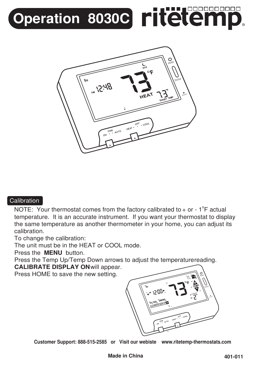 Page 1 of 7 - Ritetemp Ritetemp-8030C-Owner-S-Manual