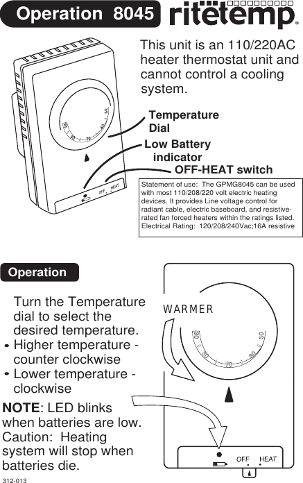 Page 1 of 2 - Ritetemp Ritetemp-8045-Owner-S-Manual