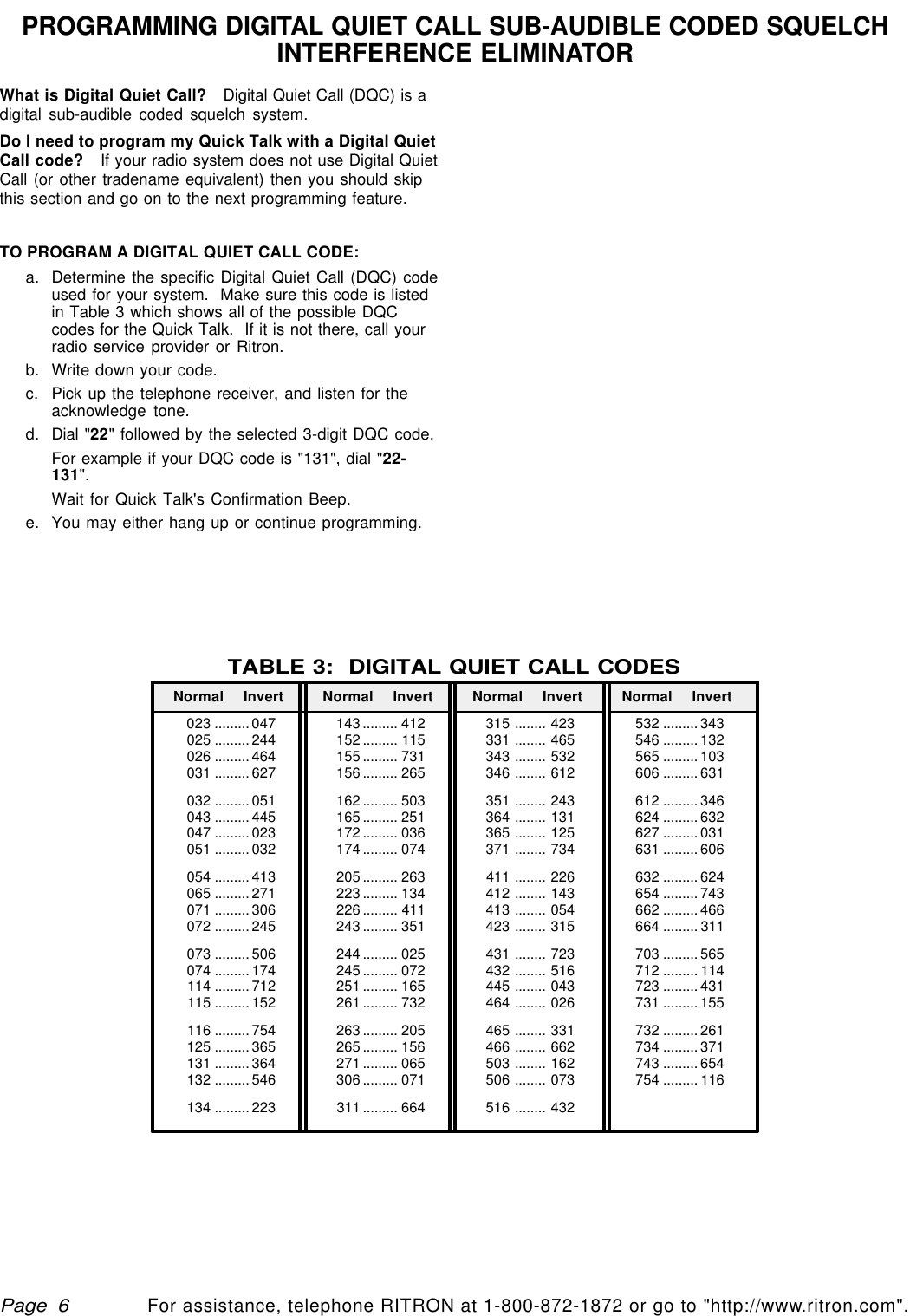 qtm9212a.pm5For assistance, telephone RITRON at 1-800-872-1872 or go to &quot;http://www.ritron.com&quot;.Page  6What is Digital Quiet Call?   Digital Quiet Call (DQC) is adigital sub-audible coded squelch system.Do I need to program my Quick Talk with a Digital QuietCall code?   If your radio system does not use Digital QuietCall (or other tradename equivalent) then you should skipthis section and go on to the next programming feature.TO PROGRAM A DIGITAL QUIET CALL CODE:a. Determine the specific Digital Quiet Call (DQC) codeused for your system.  Make sure this code is listedin Table 3 which shows all of the possible DQCcodes for the Quick Talk.  If it is not there, call yourradio service provider or Ritron.b. Write down your code.c. Pick up the telephone receiver, and listen for theacknowledge tone.d. Dial &quot;22&quot; followed by the selected 3-digit DQC code.For example if your DQC code is &quot;131&quot;, dial &quot;22-131&quot;.Wait for Quick Talk&apos;s Confirmation Beep.e. You may either hang up or continue programming.Normal Invert Normal Invert Normal Invert Normal Invert023 .........047 143......... 412 315 ........ 423 532 .........343025 .........244 152......... 115 331 ........ 465 546 .........132026 .........464 155......... 731 343 ........ 532 565 .........103031 .........627 156......... 265 346 ........ 612 606 .........631032 .........051 162......... 503 351 ........ 243 612 .........346043 .........445 165......... 251 364 ........ 131 624 .........632047 .........023 172......... 036 365 ........ 125 627 .........031051 .........032 174......... 074 371 ........ 734 631 .........606054 .........413 205......... 263 411 ........ 226 632 .........624065 .........271 223......... 134 412 ........ 143 654 .........743071 .........306 226......... 411 413 ........ 054 662 .........466072 .........245 243......... 351 423 ........ 315 664 ......... 311073 .........506 244......... 025 431 ........ 723 703 .........565074 .........174 245......... 072 432 ........ 516 712 ......... 114114 .........712 251......... 165 445 ........ 043 723 .........431115 .........152 261......... 732 464 ........ 026 731 .........155116 .........754 263......... 205 465 ........ 331 732 .........261125 .........365 265......... 156 466 ........ 662 734 .........371131 .........364 271......... 065 503 ........ 162 743 .........654132 .........546 306......... 071 506 ........ 073 754 ......... 116134 .........223 311 ......... 664 516 ........ 432TABLE 3:  DIGITAL QUIET CALL CODESPROGRAMMING DIGITAL QUIET CALL SUB-AUDIBLE CODED SQUELCHINTERFERENCE ELIMINATOR