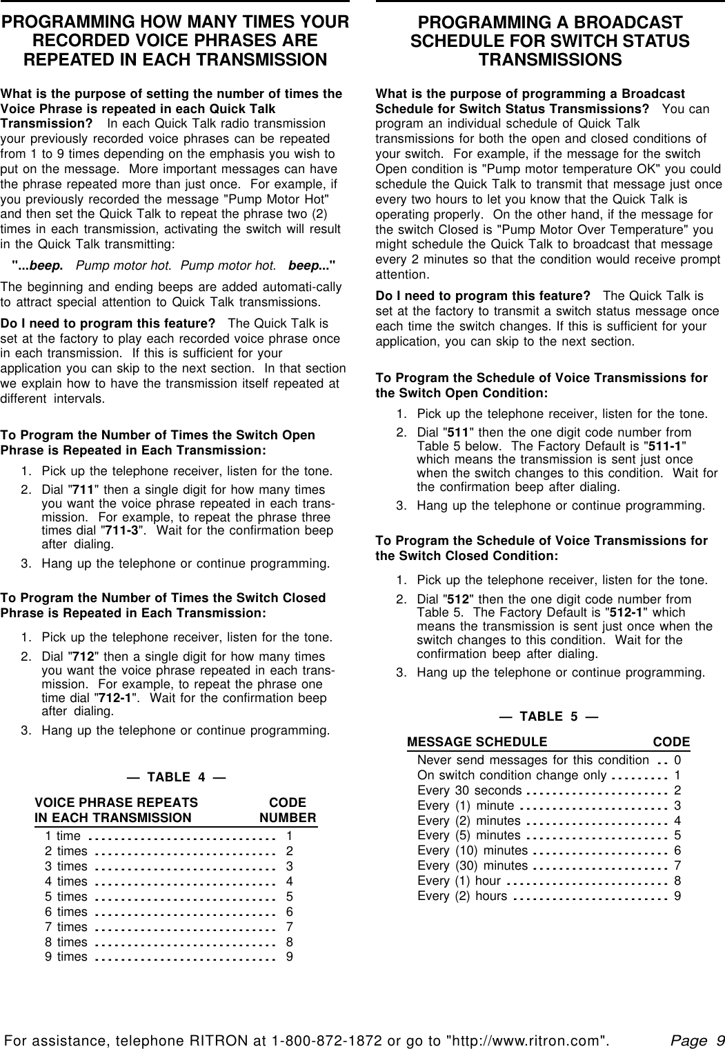   Page  9For assistance, telephone RITRON at 1-800-872-1872 or go to &quot;http://www.ritron.com&quot;.qtm9212a.pm5PROGRAMMING HOW MANY TIMES YOURRECORDED VOICE PHRASES AREREPEATED IN EACH TRANSMISSIONPROGRAMMING A BROADCASTSCHEDULE FOR SWITCH STATUSTRANSMISSIONSWhat is the purpose of programming a BroadcastSchedule for Switch Status Transmissions?   You canprogram an individual schedule of Quick Talktransmissions for both the open and closed conditions ofyour switch.  For example, if the message for the switchOpen condition is &quot;Pump motor temperature OK&quot; you couldschedule the Quick Talk to transmit that message just onceevery two hours to let you know that the Quick Talk isoperating properly.  On the other hand, if the message forthe switch Closed is &quot;Pump Motor Over Temperature&quot; youmight schedule the Quick Talk to broadcast that messageevery 2 minutes so that the condition would receive promptattention.Do I need to program this feature?   The Quick Talk isset at the factory to transmit a switch status message onceeach time the switch changes. If this is sufficient for yourapplication, you can skip to the next section.To Program the Schedule of Voice Transmissions forthe Switch Open Condition:1. Pick up the telephone receiver, listen for the tone.2. Dial &quot;511&quot; then the one digit code number fromTable 5 below.  The Factory Default is &quot;511-1&quot;which means the transmission is sent just oncewhen the switch changes to this condition.  Wait forthe confirmation beep after dialing.3. Hang up the telephone or continue programming.To Program the Schedule of Voice Transmissions forthe Switch Closed Condition:1. Pick up the telephone receiver, listen for the tone.2. Dial &quot;512&quot; then the one digit code number fromTable 5.  The Factory Default is &quot;512-1&quot; whichmeans the transmission is sent just once when theswitch changes to this condition.  Wait for theconfirmation beep after dialing.3. Hang up the telephone or continue programming.What is the purpose of setting the number of times theVoice Phrase is repeated in each Quick TalkTransmission?   In each Quick Talk radio transmissionyour previously recorded voice phrases can be repeatedfrom 1 to 9 times depending on the emphasis you wish toput on the message.  More important messages can havethe phrase repeated more than just once.  For example, ifyou previously recorded the message &quot;Pump Motor Hot&quot;and then set the Quick Talk to repeat the phrase two (2)times in each transmission, activating the switch will resultin the Quick Talk transmitting:   &quot;...beep.   Pump motor hot.  Pump motor hot.   beep...&quot;The beginning and ending beeps are added automati-callyto attract special attention to Quick Talk transmissions.Do I need to program this feature?   The Quick Talk isset at the factory to play each recorded voice phrase oncein each transmission.  If this is sufficient for yourapplication you can skip to the next section.  In that sectionwe explain how to have the transmission itself repeated atdifferent intervals.To Program the Number of Times the Switch OpenPhrase is Repeated in Each Transmission:1. Pick up the telephone receiver, listen for the tone.2. Dial &quot;711&quot; then a single digit for how many timesyou want the voice phrase repeated in each trans-mission.  For example, to repeat the phrase threetimes dial &quot;711-3&quot;.  Wait for the confirmation beepafter dialing.3. Hang up the telephone or continue programming.To Program the Number of Times the Switch ClosedPhrase is Repeated in Each Transmission:1. Pick up the telephone receiver, listen for the tone.2. Dial &quot;712&quot; then a single digit for how many timesyou want the voice phrase repeated in each trans-mission.  For example, to repeat the phrase onetime dial &quot;712-1&quot;.  Wait for the confirmation beepafter dialing.3. Hang up the telephone or continue programming.—  TABLE  4  —VOICE PHRASE REPEATS CODEIN EACH TRANSMISSION NUMBER1 time............................. 12 times............................ 23 times............................ 34 times............................ 45 times............................ 56 times............................ 67 times............................ 78 times............................ 89 times............................ 9—  TABLE  5  —MESSAGE SCHEDULE CODENever send messages for this condition.. 0On switch condition change only......... 1Every 30 seconds...................... 2Every (1) minute....................... 3Every (2) minutes...................... 4Every (5) minutes...................... 5Every (10) minutes..................... 6Every (30) minutes..................... 7Every (1) hour......................... 8Every (2) hours........................ 9