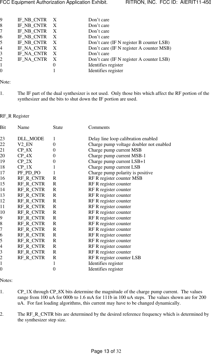 FCC Equipment Authorization Application Exhibit.             RITRON, INC.  FCC ID:  AIERIT11-450Page 13 of 329IF_NB_CNTR XDon’t care8IF_NB_CNTR XDon’t care7IF_NB_CNTR XDon’t care6IF_NB_CNTR XDon’t care5IF_NB_CNTR XDon’t care (IF N register B counter LSB)4IF_NA_CNTR XDon’t care (IF N register A counter MSB)3IF_NA_CNTR XDon’t care2IF_NA_CNTR XDon’t care (IF N register A counter LSB)1 0 Identifies register0 1 Identifies registerNote:1. The IF part of the dual synthesizer is not used.  Only those bits which affect the RF portion of thesynthesizer and the bits to shut down the IF portion are used.RF_R RegisterBit Name State Comments23 DLL_MODE 1Delay line loop calibration enabled22 V2_EN 0Charge pump voltage doubler not enabled21 CP_8X 0Charge pump current MSB20 CP_4X 0Charge pump current MSB-119 CP_2X 0Charge pump current LSB+118 CP_1X 1Charge pump current LSB17 PF_PD_PO 1Charge pump polarity is positive16 RF_R_CNTR RRF R register counter MSB15 RF_R_CNTR RRF R register counter14 RF_R_CNTR RRF R register counter13 RF_R_CNTR RRF R register counter12 RF_R_CNTR RRF R register counter11 RF_R_CNTR  RRF R register counter10 RF_R_CNTR RRF R register counter9RF_R_CNTR RRF R register counter8RF_R_CNTR RRF R register counter7RF_R_CNTR RRF R register counter6RF_R_CNTR RRF R register counter5RF_R_CNTR RRF R register counter4RF_R_CNTR RRF R register counter3RF_R_CNTR RRF R register counter2RF_R_CNTR RRF R register counter LSB1 1 Identifies register0 0 Identifies registerNotes:1. CP_1X through CP_8X bits determine the magnitude of the charge pump current.  The valuesrange from 100 uA for 000b to 1.6 mA for 111b in 100 uA steps.  The values shown are for 200uA.  For fast loading algorithms, this current may have to be changed dynamically.2. The RF_R_CNTR bits are determined by the desired reference frequency which is determined bythe synthesizer step size.