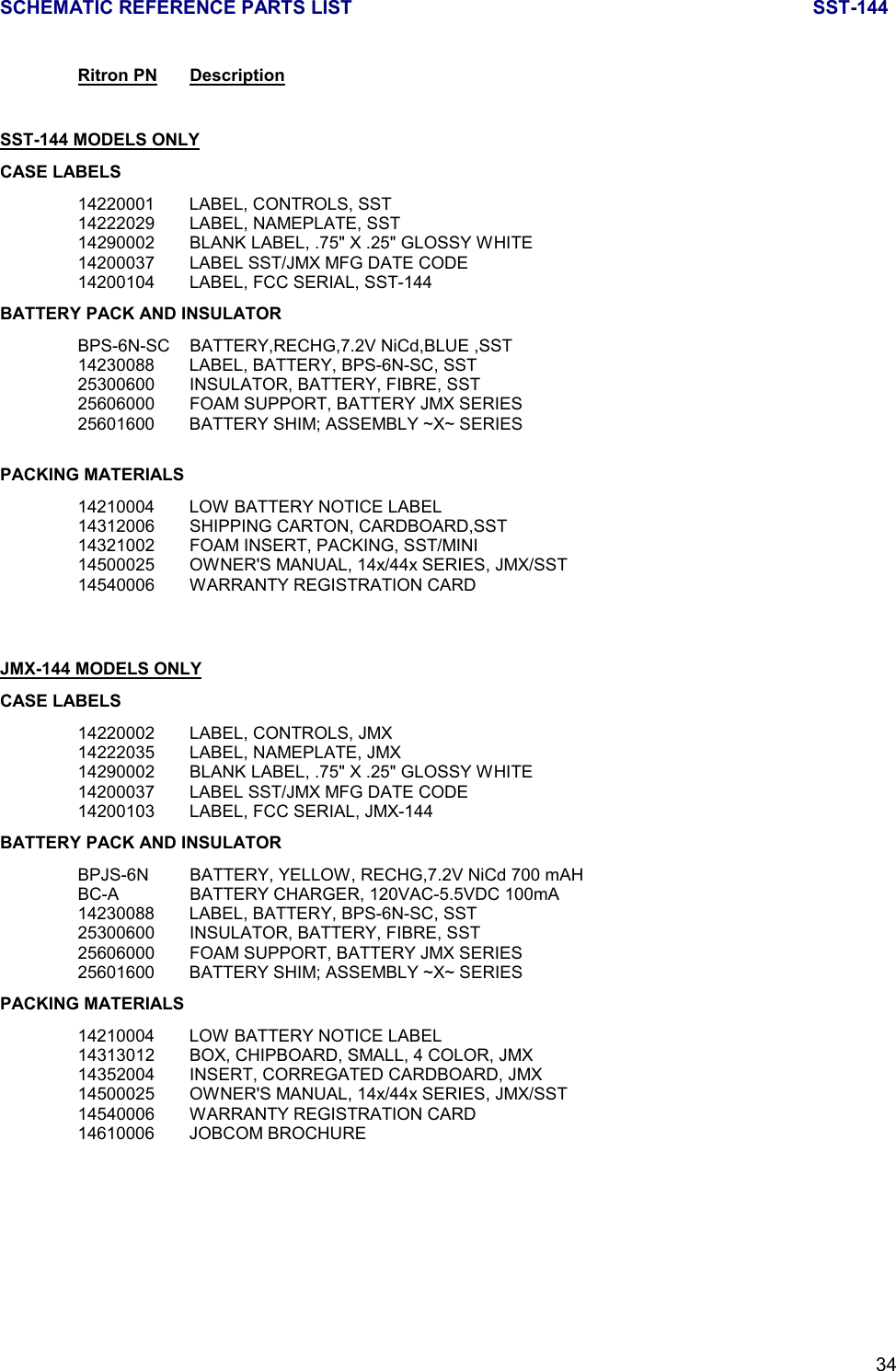 SCHEMATIC REFERENCE PARTS LIST SST-14434Ritron PN DescriptionSST-144 MODELS ONLYCASE LABELS14220001 LABEL, CONTROLS, SST14222029 LABEL, NAMEPLATE, SST14290002 BLANK LABEL, .75&quot; X .25&quot; GLOSSY WHITE14200037 LABEL SST/JMX MFG DATE CODE14200104 LABEL, FCC SERIAL, SST-144BATTERY PACK AND INSULATORBPS-6N-SC BATTERY,RECHG,7.2V NiCd,BLUE ,SST14230088 LABEL, BATTERY, BPS-6N-SC, SST25300600 INSULATOR, BATTERY, FIBRE, SST25606000 FOAM SUPPORT, BATTERY JMX SERIES25601600 BATTERY SHIM; ASSEMBLY ~X~ SERIESPACKING MATERIALS14210004 LOW BATTERY NOTICE LABEL14312006 SHIPPING CARTON, CARDBOARD,SST14321002 FOAM INSERT, PACKING, SST/MINI14500025 OWNER&apos;S MANUAL, 14x/44x SERIES, JMX/SST14540006 WARRANTY REGISTRATION CARDJMX-144 MODELS ONLYCASE LABELS14220002 LABEL, CONTROLS, JMX14222035 LABEL, NAMEPLATE, JMX14290002 BLANK LABEL, .75&quot; X .25&quot; GLOSSY WHITE14200037 LABEL SST/JMX MFG DATE CODE14200103 LABEL, FCC SERIAL, JMX-144BATTERY PACK AND INSULATORBPJS-6N BATTERY, YELLOW, RECHG,7.2V NiCd 700 mAHBC-A BATTERY CHARGER, 120VAC-5.5VDC 100mA14230088 LABEL, BATTERY, BPS-6N-SC, SST25300600 INSULATOR, BATTERY, FIBRE, SST25606000 FOAM SUPPORT, BATTERY JMX SERIES25601600 BATTERY SHIM; ASSEMBLY ~X~ SERIESPACKING MATERIALS14210004 LOW BATTERY NOTICE LABEL14313012 BOX, CHIPBOARD, SMALL, 4 COLOR, JMX14352004 INSERT, CORREGATED CARDBOARD, JMX14500025 OWNER&apos;S MANUAL, 14x/44x SERIES, JMX/SST14540006 WARRANTY REGISTRATION CARD14610006 JOBCOM BROCHURE