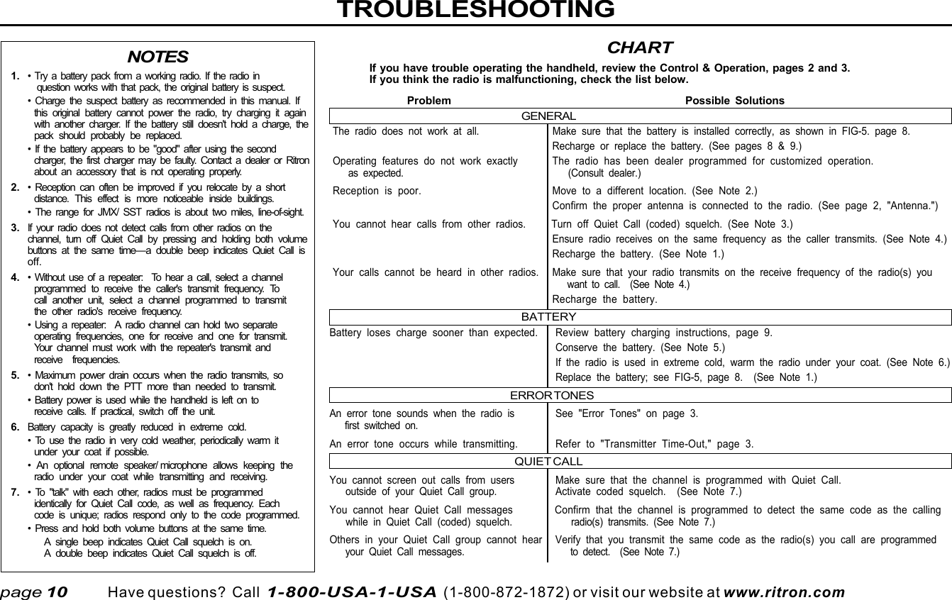  page 3    RITRON, INC. 1-800-USA-1-USA (1-800-872-1872)Have questions?  Call  1-800-USA-1-USA  (1-800-872-1872) or visit our website at www.ritron.comIf you have trouble operating the handheld, review the Control &amp; Operation, pages 2 and 3.If you think the radio is malfunctioning, check the list below.Problem Possible SolutionsGENERALThe radio does not work at all. Make sure that the battery is installed correctly, as shown in FIG-5. page 8.Recharge or replace the battery. (See pages 8 &amp; 9.)Operating features do not work exactly The radio has been dealer programmed for customized operation.   as expected.    (Consult dealer.)Reception is poor. Move to a different location. (See Note 2.)Confirm the proper antenna is connected to the radio. (See page 2, &quot;Antenna.&quot;)You cannot hear calls from other radios. Turn off Quiet Call (coded) squelch. (See Note 3.)Ensure radio receives on the same frequency as the caller transmits. (See Note 4.)Recharge the battery. (See Note 1.)Your calls cannot be heard in other radios. Make sure that your radio transmits on the receive frequency of the radio(s) you   want to call.  (See Note 4.)Recharge the battery.BATTERYBattery loses charge sooner than expected. Review battery charging instructions, page 9.Conserve the battery. (See Note 5.)If the radio is used in extreme cold, warm the radio under your coat. (See Note 6.)Replace the battery; see FIG-5, page 8.  (See Note 1.)ERROR TONESAn error tone sounds when the radio is See &quot;Error Tones&quot; on page 3.   first switched on.An error tone occurs while transmitting. Refer to &quot;Transmitter Time-Out,&quot; page 3.QUIET CALLYou cannot screen out calls from users Make sure that the channel is programmed with Quiet Call.   outside of your Quiet Call group. Activate coded squelch.  (See Note 7.)You cannot hear Quiet Call messages Confirm that the channel is programmed to detect the same code as the calling   while in Quiet Call (coded) squelch.    radio(s) transmits. (See Note 7.)Others in your Quiet Call group cannot hear Verify that you transmit the same code as the radio(s) you call are programmed   your Quiet Call messages.    to detect.  (See Note 7.)TROUBLESHOOTING1. • Try a battery pack from a working radio. If the radio in  question works with that pack, the original battery is suspect.• Charge the suspect battery as recommended in this manual. Ifthis original battery cannot power the radio, try charging it againwith another charger. If the battery still doesn&apos;t hold a charge, thepack should probably be replaced.• If the battery appears to be &quot;good&quot; after using the secondcharger, the first charger may be faulty. Contact a dealer or Ritronabout an accessory that is not operating properly.2. • Reception can often be improved if you relocate by a shortdistance. This effect is more noticeable inside buildings.• The range for JMX/ SST radios is about two miles, line-of-sight.3. If your radio does not detect calls from other radios on thechannel, turn off Quiet Call by pressing and holding both volumebuttons at the same time—a double beep indicates Quiet Call isoff.4. •  Without use of a repeater:  To hear a call, select a channelprogrammed to receive the caller&apos;s transmit frequency. Tocall another unit, select a channel programmed to transmitthe other radio&apos;s receive frequency.•  Using a repeater:  A radio channel can hold two separateoperating frequencies, one for receive and one for transmit.Your channel must work with the repeater&apos;s transmit andreceive frequencies.5. • Maximum power drain occurs when the radio transmits, sodon&apos;t hold down the PTT more than needed to transmit.• Battery power is used while the handheld is left on toreceive calls. If practical, switch off the unit.6. Battery capacity is greatly reduced in extreme cold.• To use the radio in very cold weather, periodically warm itunder your coat if possible.• An optional remote speaker/ microphone allows keeping theradio under your coat while transmitting and receiving.7. • To &quot;talk&quot; with each other, radios must be programmedidentically for Quiet Call code, as well as frequency. Eachcode is unique; radios respond only to the code programmed.• Press and hold both volume buttons at the same time.A  single beep indicates Quiet Call squelch is on.A  double beep indicates Quiet Call squelch is off.page 10CHARTNOTES