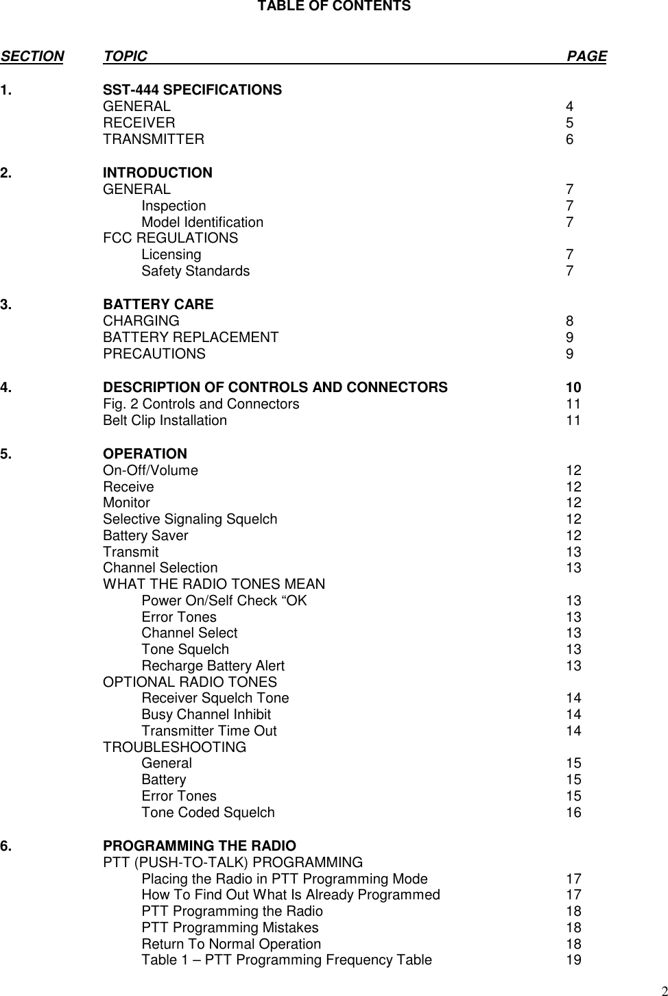 2TABLE OF CONTENTSSECTION TOPIC                                                                                                           PAGE1. SST-444 SPECIFICATIONSGENERAL 4RECEIVER 5TRANSMITTER 62. INTRODUCTIONGENERAL 7Inspection 7Model Identification 7FCC REGULATIONSLicensing 7Safety Standards 73. BATTERY CARECHARGING 8BATTERY REPLACEMENT 9PRECAUTIONS 94. DESCRIPTION OF CONTROLS AND CONNECTORS 10Fig. 2 Controls and Connectors 11Belt Clip Installation 115. OPERATIONOn-Off/Volume 12Receive 12Monitor 12Selective Signaling Squelch 12Battery Saver 12Transmit 13Channel Selection 13WHAT THE RADIO TONES MEANPower On/Self Check “OK 13Error Tones 13Channel Select 13Tone Squelch 13Recharge Battery Alert 13OPTIONAL RADIO TONESReceiver Squelch Tone 14Busy Channel Inhibit 14Transmitter Time Out 14TROUBLESHOOTINGGeneral 15Battery 15Error Tones 15Tone Coded Squelch 166. PROGRAMMING THE RADIOPTT (PUSH-TO-TALK) PROGRAMMINGPlacing the Radio in PTT Programming Mode 17How To Find Out What Is Already Programmed 17PTT Programming the Radio 18PTT Programming Mistakes 18Return To Normal Operation 18Table 1 – PTT Programming Frequency Table 19