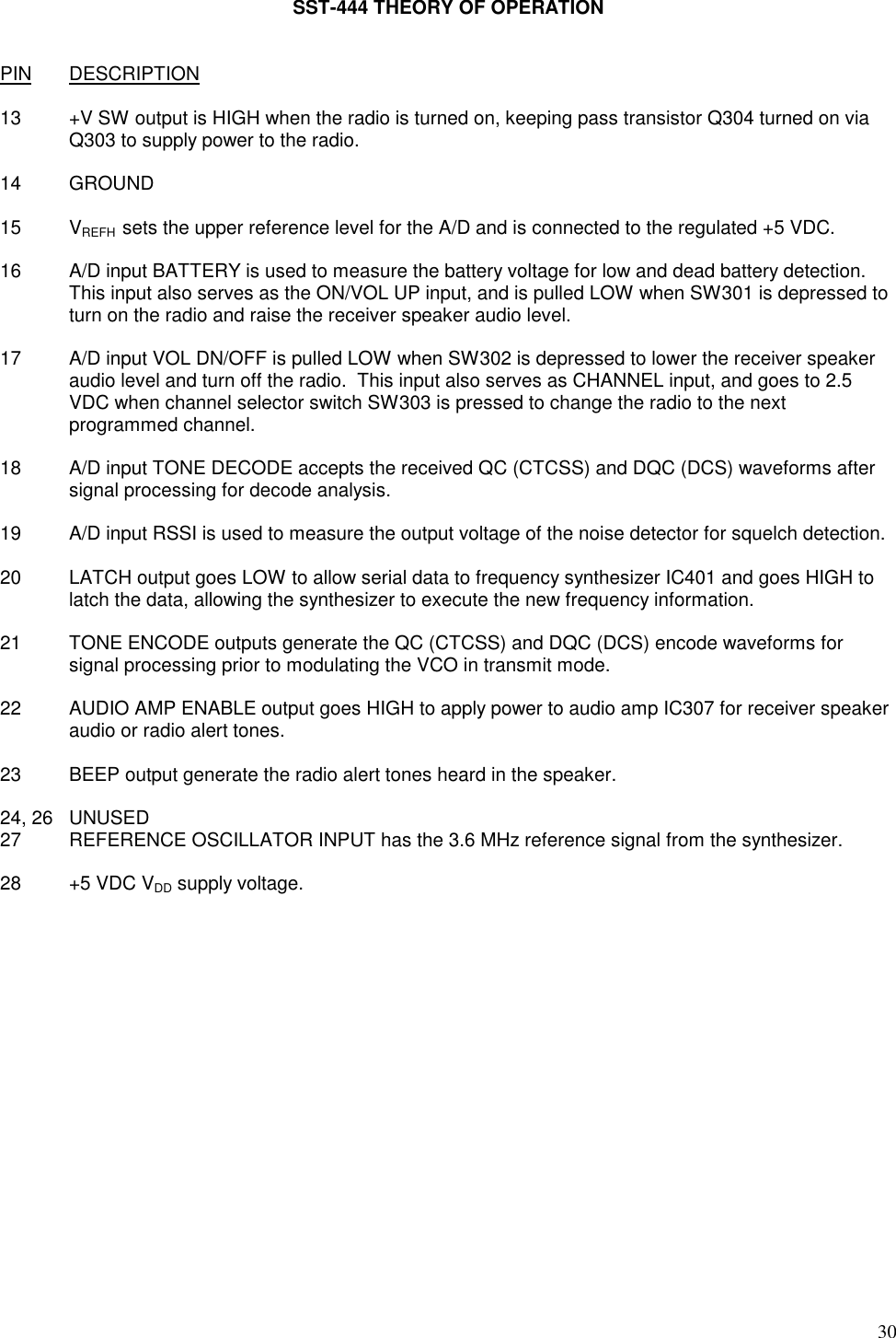 30SST-444 THEORY OF OPERATIONPIN DESCRIPTION13 +V SW output is HIGH when the radio is turned on, keeping pass transistor Q304 turned on viaQ303 to supply power to the radio.14 GROUND15 VREFH  sets the upper reference level for the A/D and is connected to the regulated +5 VDC.16 A/D input BATTERY is used to measure the battery voltage for low and dead battery detection.This input also serves as the ON/VOL UP input, and is pulled LOW when SW301 is depressed toturn on the radio and raise the receiver speaker audio level.17 A/D input VOL DN/OFF is pulled LOW when SW302 is depressed to lower the receiver speakeraudio level and turn off the radio.  This input also serves as CHANNEL input, and goes to 2.5VDC when channel selector switch SW303 is pressed to change the radio to the nextprogrammed channel.18 A/D input TONE DECODE accepts the received QC (CTCSS) and DQC (DCS) waveforms aftersignal processing for decode analysis.19 A/D input RSSI is used to measure the output voltage of the noise detector for squelch detection.20 LATCH output goes LOW to allow serial data to frequency synthesizer IC401 and goes HIGH tolatch the data, allowing the synthesizer to execute the new frequency information.21 TONE ENCODE outputs generate the QC (CTCSS) and DQC (DCS) encode waveforms forsignal processing prior to modulating the VCO in transmit mode.22 AUDIO AMP ENABLE output goes HIGH to apply power to audio amp IC307 for receiver speakeraudio or radio alert tones.23 BEEP output generate the radio alert tones heard in the speaker.24, 26 UNUSED27 REFERENCE OSCILLATOR INPUT has the 3.6 MHz reference signal from the synthesizer.28 +5 VDC VDD supply voltage.