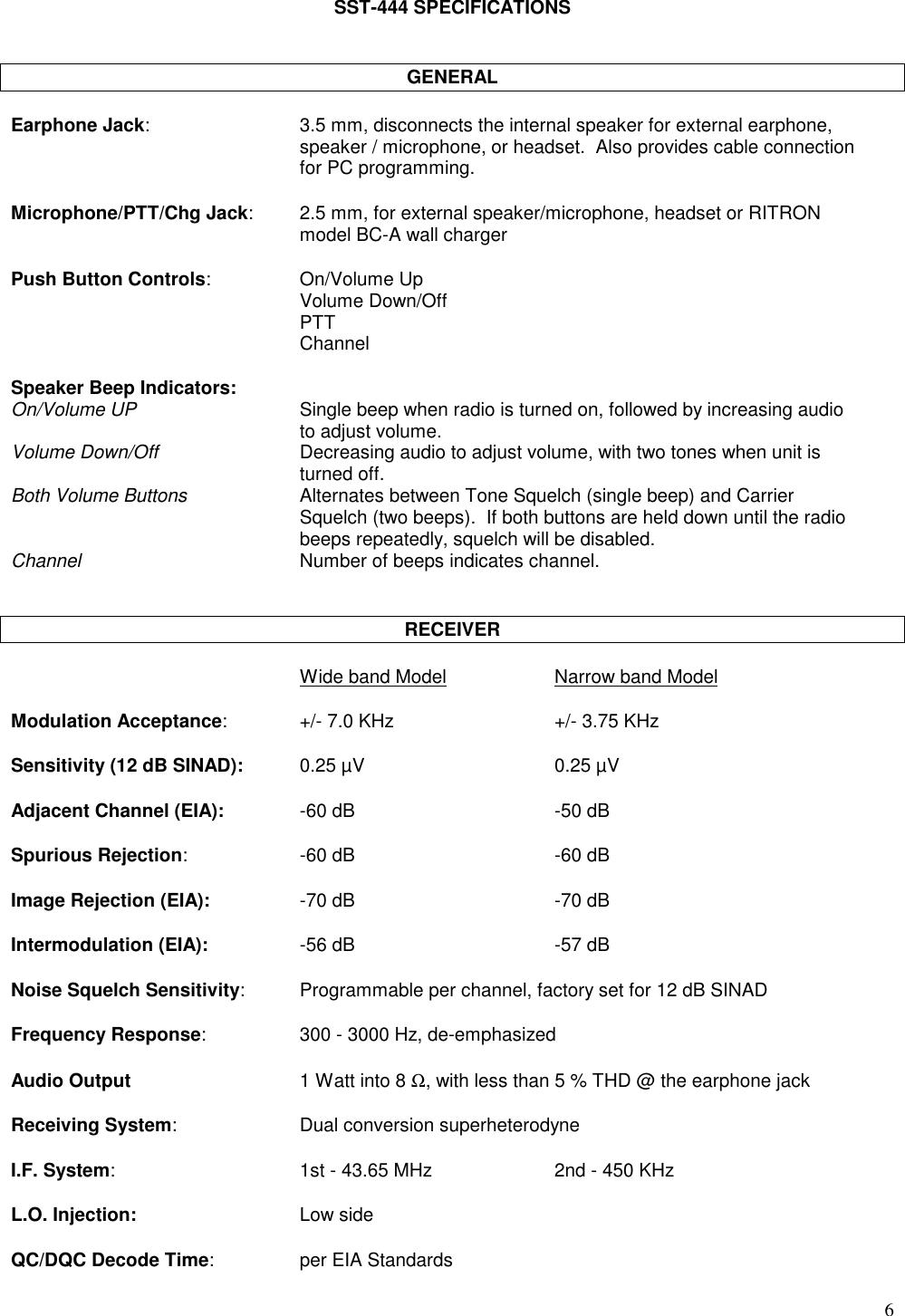 6SST-444 SPECIFICATIONSGENERALEarphone Jack: 3.5 mm, disconnects the internal speaker for external earphone,speaker / microphone, or headset.  Also provides cable connectionfor PC programming.Microphone/PTT/Chg Jack: 2.5 mm, for external speaker/microphone, headset or RITRONmodel BC-A wall chargerPush Button Controls:On/Volume UpVolume Down/OffPTTChannelSpeaker Beep Indicators:On/Volume UP Single beep when radio is turned on, followed by increasing audioto adjust volume.Volume Down/Off Decreasing audio to adjust volume, with two tones when unit isturned off.Both Volume Buttons Alternates between Tone Squelch (single beep) and CarrierSquelch (two beeps).  If both buttons are held down until the radiobeeps repeatedly, squelch will be disabled.Channel Number of beeps indicates channel.RECEIVERWide band Model Narrow band ModelModulation Acceptance: +/- 7.0 KHz +/- 3.75 KHzSensitivity (12 dB SINAD): 0.25 µV 0.25 µVAdjacent Channel (EIA): -60 dB -50 dBSpurious Rejection: -60 dB -60 dBImage Rejection (EIA): -70 dB -70 dBIntermodulation (EIA): -56 dB -57 dBNoise Squelch Sensitivity: Programmable per channel, factory set for 12 dB SINADFrequency Response: 300 - 3000 Hz, de-emphasizedAudio Output 1 Watt into 8 Ω, with less than 5 % THD @ the earphone jackReceiving System: Dual conversion superheterodyneI.F. System: 1st - 43.65 MHz  2nd - 450 KHzL.O. Injection: Low sideQC/DQC Decode Time: per EIA Standards