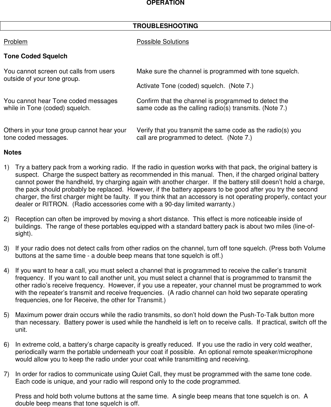 OPERATIONTROUBLESHOOTINGProblem Possible SolutionsTone Coded SquelchYou cannot screen out calls from users Make sure the channel is programmed with tone squelch.outside of your tone group.  Activate Tone (coded) squelch.  (Note 7.)You cannot hear Tone coded messages Confirm that the channel is programmed to detect thewhile in Tone (coded) squelch.   same code as the calling radio(s) transmits. (Note 7.)    Others in your tone group cannot hear your  Verify that you transmit the same code as the radio(s) youtone coded messages.  call are programmed to detect.  (Note 7.)Notes1) Try a battery pack from a working radio.  If the radio in question works with that pack, the original battery issuspect.  Charge the suspect battery as recommended in this manual.  Then, if the charged original batterycannot power the handheld, try charging again with another charger.  If the battery still doesn’t hold a charge,the pack should probably be replaced.  However, if the battery appears to be good after you try the secondcharger, the first charger might be faulty.  If you think that an accessory is not operating properly, contact yourdealer or RITRON.  (Radio accessories come with a 90-day limited warranty.)2) Reception can often be improved by moving a short distance.  This effect is more noticeable inside ofbuildings.  The range of these portables equipped with a standard battery pack is about two miles (line-of-sight).3) If your radio does not detect calls from other radios on the channel, turn off tone squelch. (Press both Volumebuttons at the same time - a double beep means that tone squelch is off.)4) If you want to hear a call, you must select a channel that is programmed to receive the caller’s transmitfrequency.  If you want to call another unit, you must select a channel that is programmed to transmit theother radio’s receive frequency.  However, if you use a repeater, your channel must be programmed to workwith the repeater’s transmit and receive frequencies.  (A radio channel can hold two separate operatingfrequencies, one for Receive, the other for Transmit.)5) Maximum power drain occurs while the radio transmits, so don’t hold down the Push-To-Talk button morethan necessary.  Battery power is used while the handheld is left on to receive calls.  If practical, switch off theunit.6) In extreme cold, a battery’s charge capacity is greatly reduced.  If you use the radio in very cold weather,periodically warm the portable underneath your coat if possible.  An optional remote speaker/microphonewould allow you to keep the radio under your coat while transmitting and receiving.7) In order for radios to communicate using Quiet Call, they must be programmed with the same tone code.Each code is unique, and your radio will respond only to the code programmed.Press and hold both volume buttons at the same time.  A single beep means that tone squelch is on.  Adouble beep means that tone squelch is off.