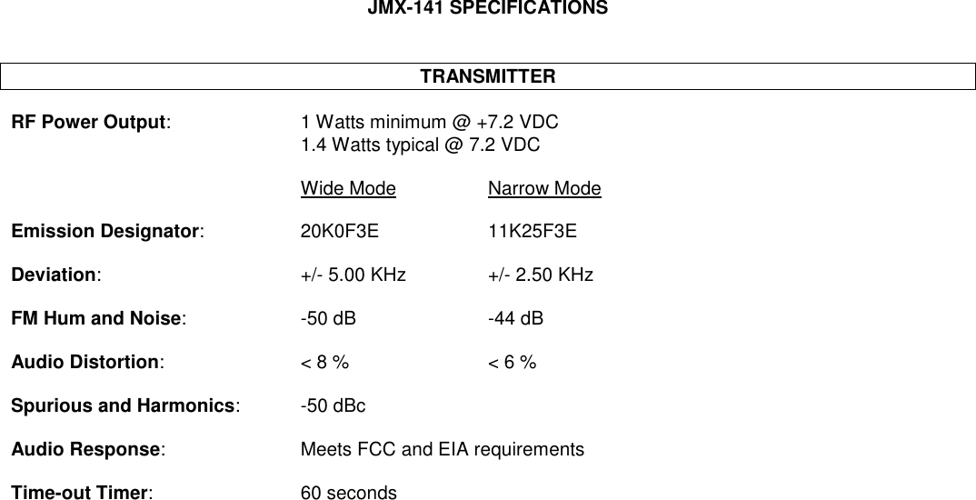 JMX-141 SPECIFICATIONSTRANSMITTERRF Power Output: 1 Watts minimum @ +7.2 VDC1.4 Watts typical @ 7.2 VDCWide Mode Narrow ModeEmission Designator: 20K0F3E 11K25F3EDeviation: +/- 5.00 KHz +/- 2.50 KHzFM Hum and Noise: -50 dB -44 dBAudio Distortion: &lt; 8 % &lt; 6 %Spurious and Harmonics: -50 dBcAudio Response: Meets FCC and EIA requirementsTime-out Timer: 60 seconds